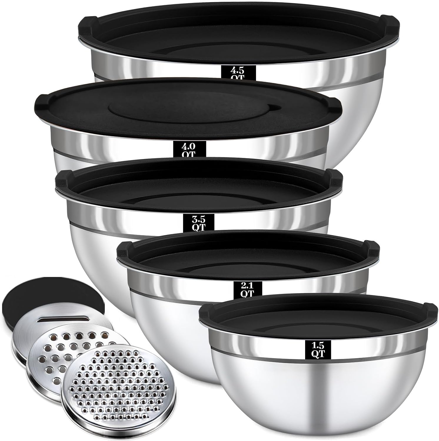 8PCS Mixing Bowls with Lids Set - 5 Nesting Mixing Bowls, 3 Grater Attachments, Lids, Stainless Steel Mixing Bowls for Mixing & Serving, Size 1.5/2.1/3.5/4/4.5 QT, Black