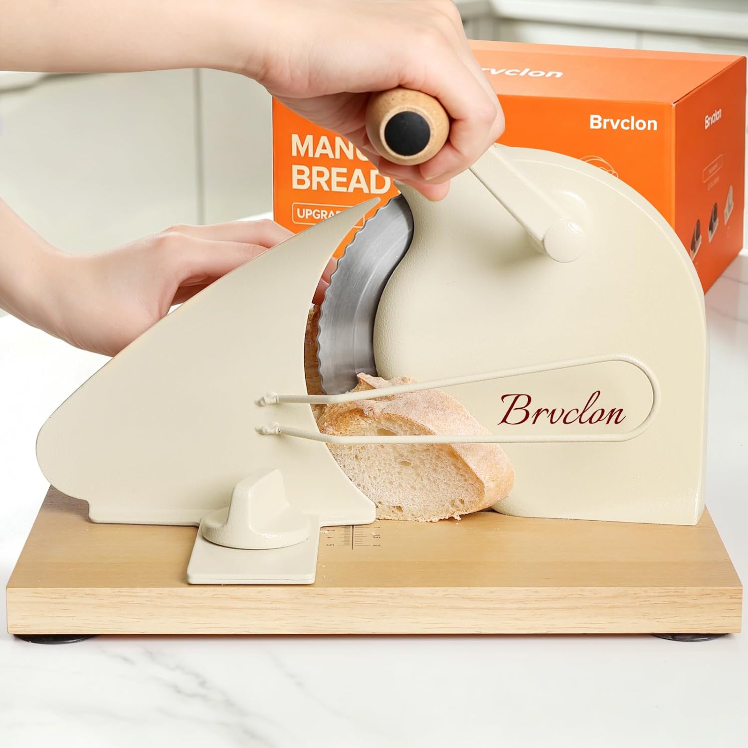 Brvclon Manual Bread Slicer Adjustable Thickness, Hand Crank Bread Slicer for Homemade Sourdough Bread with Scale Line & Suction Cup & Metal Guide,Quality Solid Wood Base