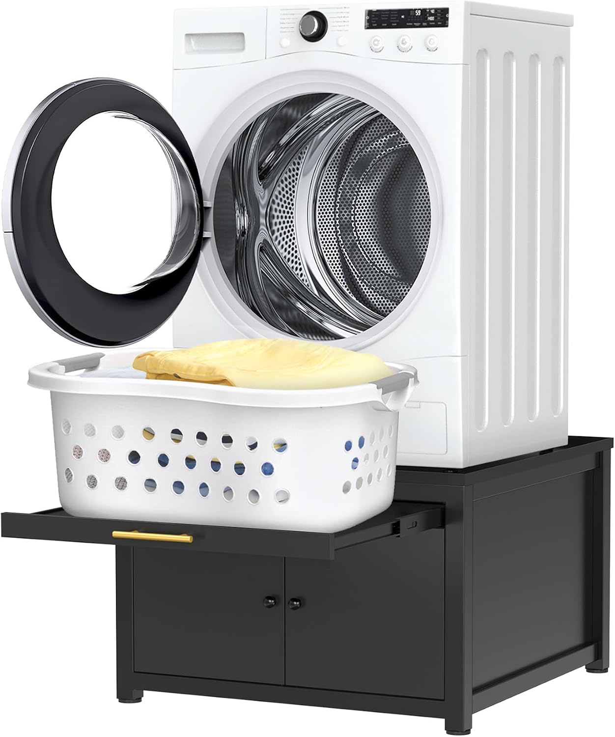 GDLF Laundry Pedestal Heavy Duty Metal Washer Dryer Pedestal 29" Universal Fit Anti-Vibration Washing Machine Stand with Laundry Basket Shelf and Built-in Drain Pan + Hose,770 LBS Capacity