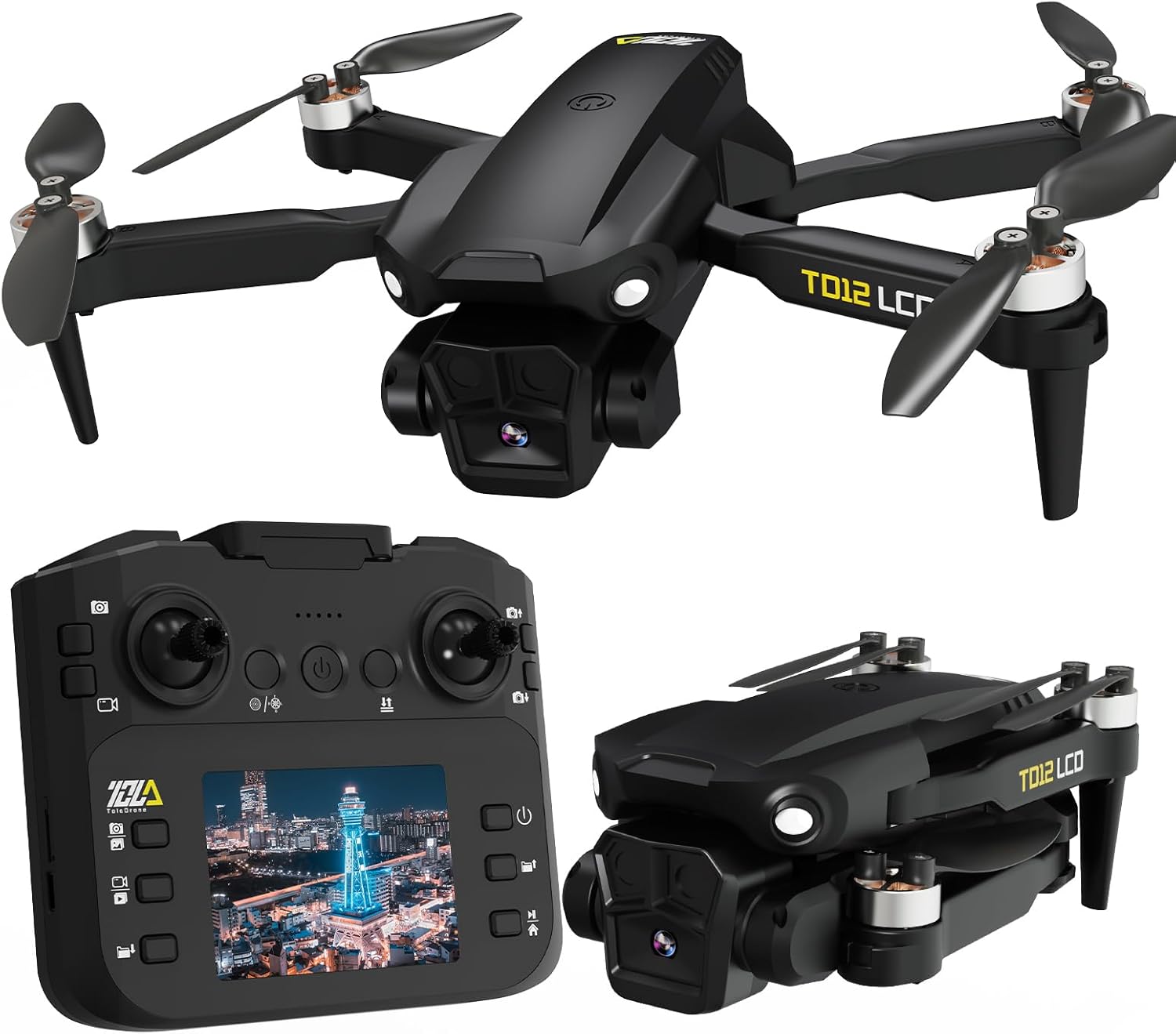 TD12LCD Drone with Camera, Foldable RC Drone with LCD Screen Remote Control Brushless Motor Dron Optical Flow Positioning Drones for Adults Quadcopter for Beginners