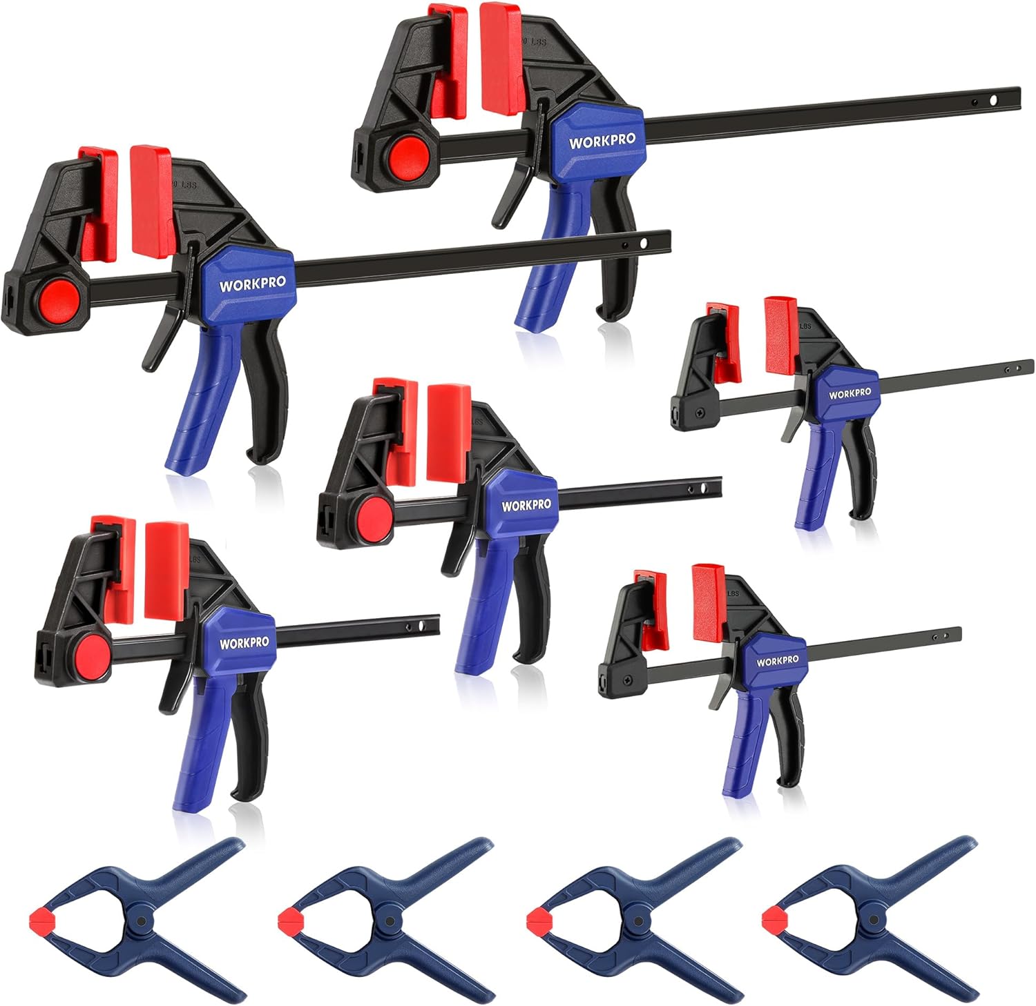 WORKPRO 10-Pack Bar Clamps for Woodworking, 6-Inch (2) Mini & (2) Light Duty and 12-Inch (2) Wood Clamps & 1-Inch (4) Spring Clamps, F Clamp with 50/150 LBS Load Limited
