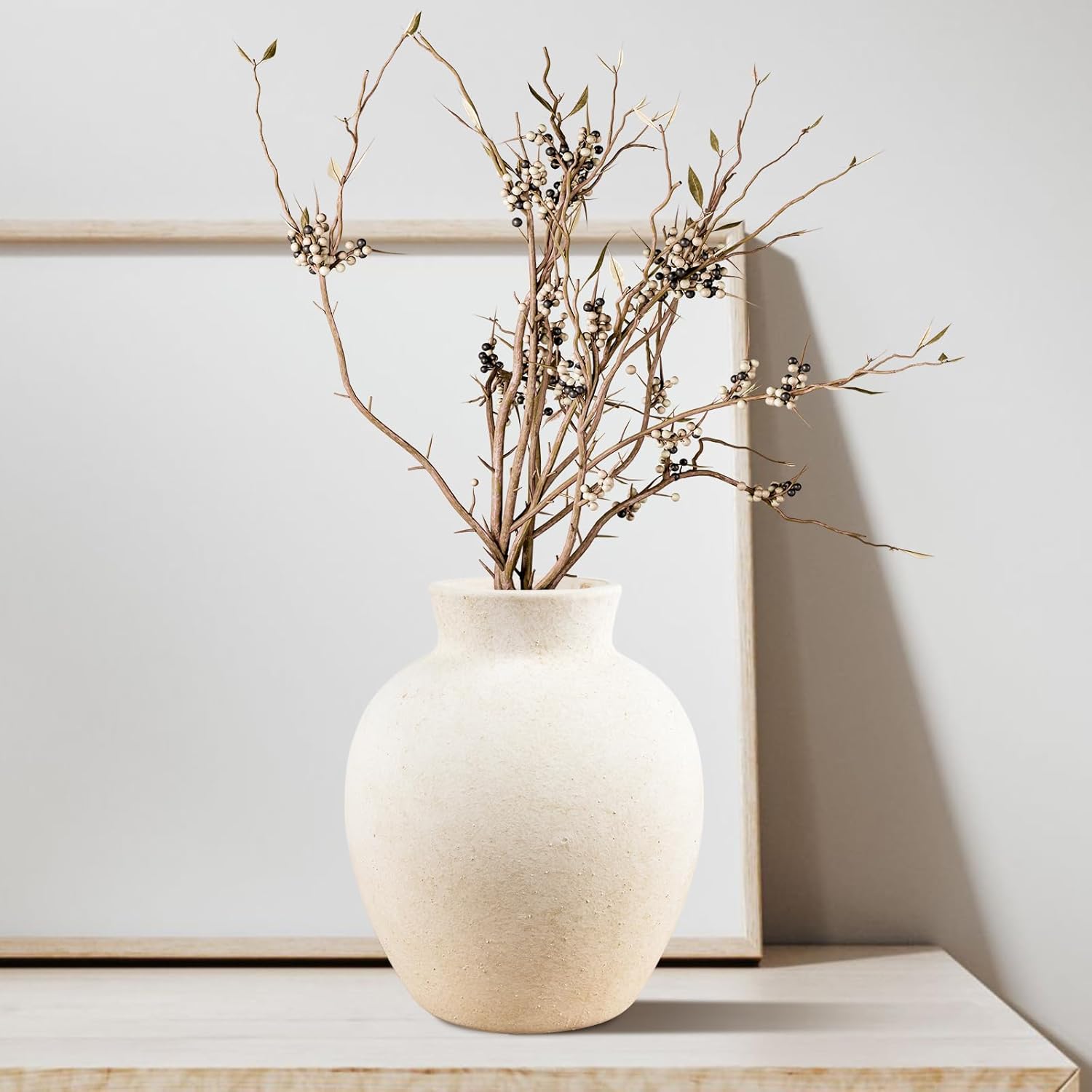 Ceramic Decorative Flower Vase, 6 Inch Rustic Farmhouse Boho Vase, Ceramic Vintage Vase (White)