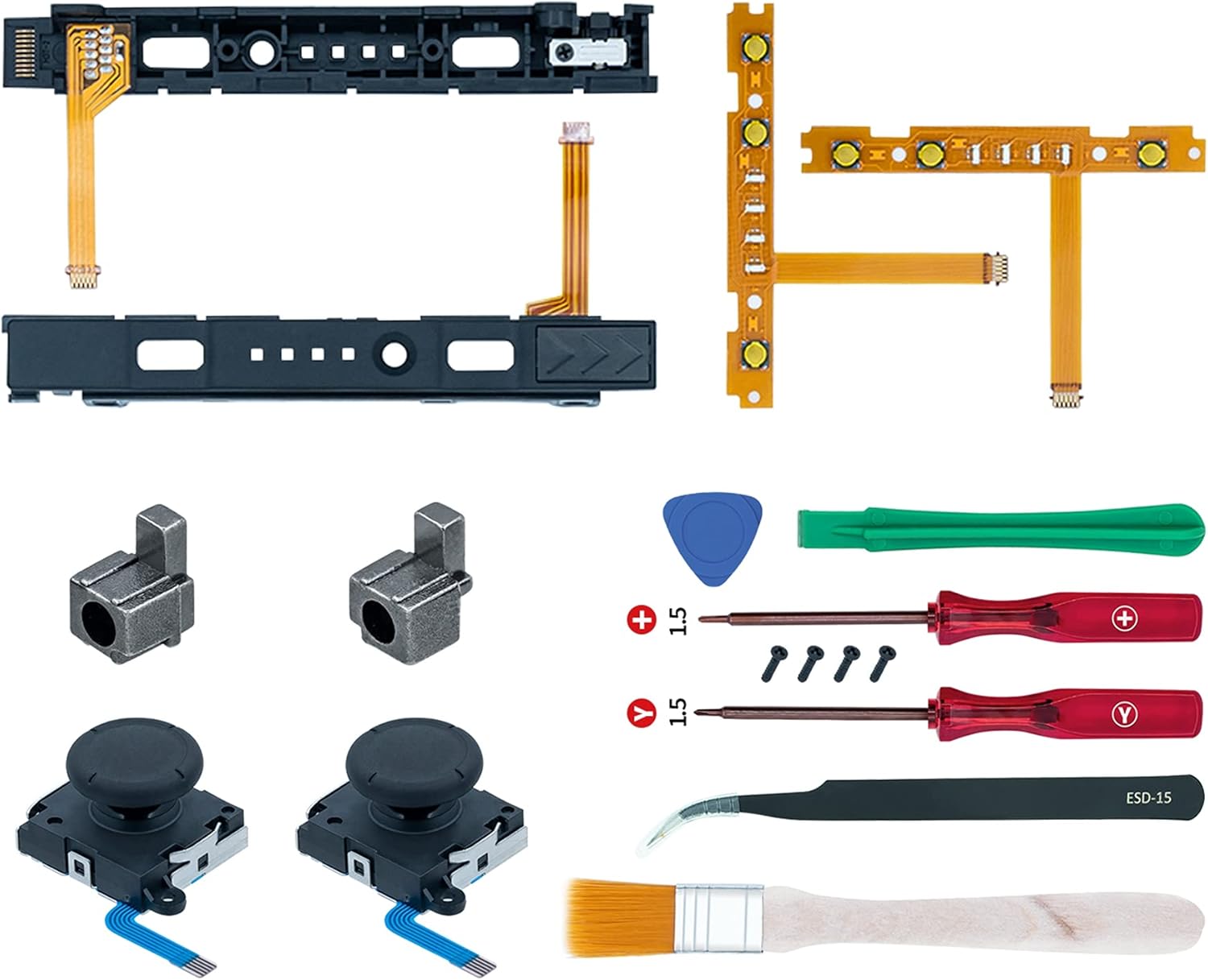 Mcbazel 18 in 1 Replacement Repair Kit for NS Switch Joy-Con with Screwdrivers Opening Tool, 3D Left Right Analog Joysticks, Buckle Lock, Charging Port Slider, Button Sync Flex Cable Set