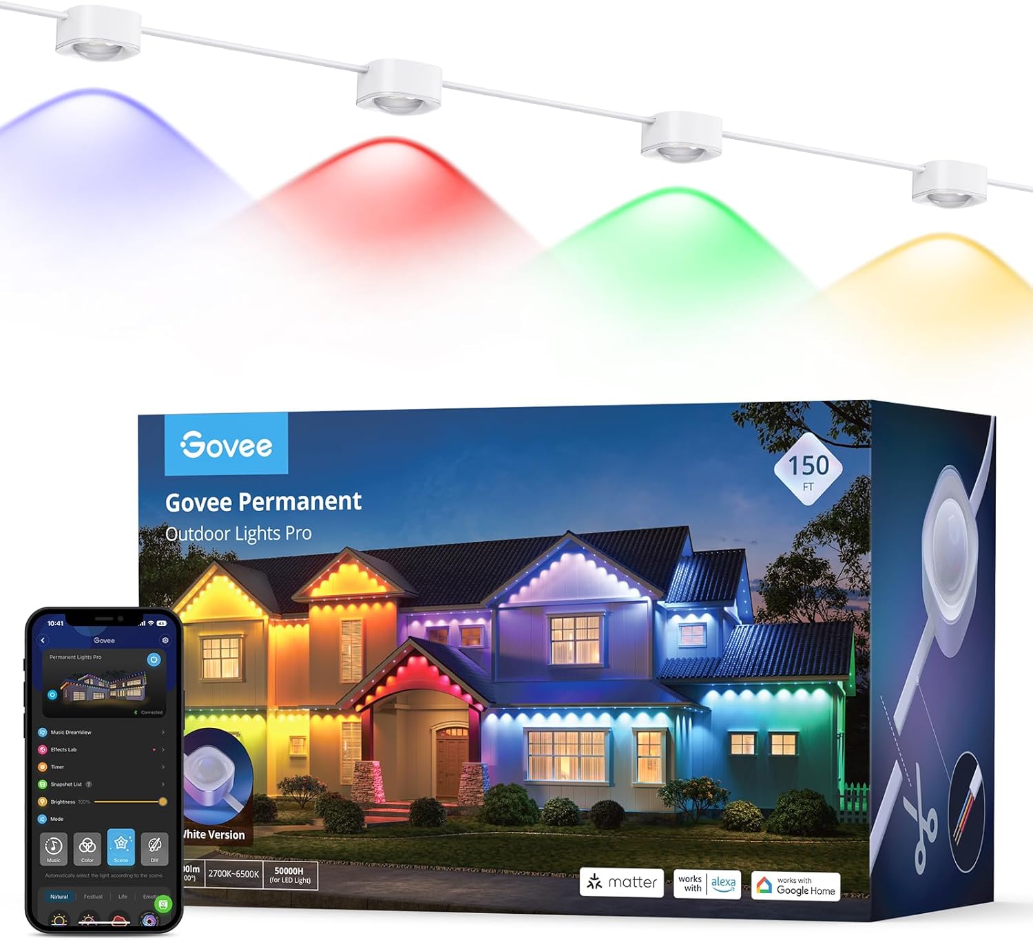 Govee Permanent Outdoor Lights Pro, 150ft with 90 RGBIC LED Lights for Daily and Accent Lighting, 75 Scene Modes for Outdoor Decor, IP67 Waterproof, Works with Alexa, Google Assistant, Matter, White