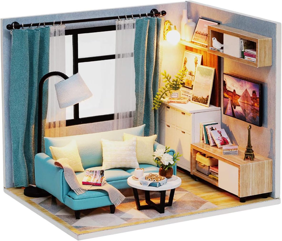 Ogrmar 1:24 Scale Dollhouse Miniature with Furniture, DIY Dollhouse Kit Plus Dust Proof & LED Light, Creative Room Toys for Children Gift (Corner of Living Room)