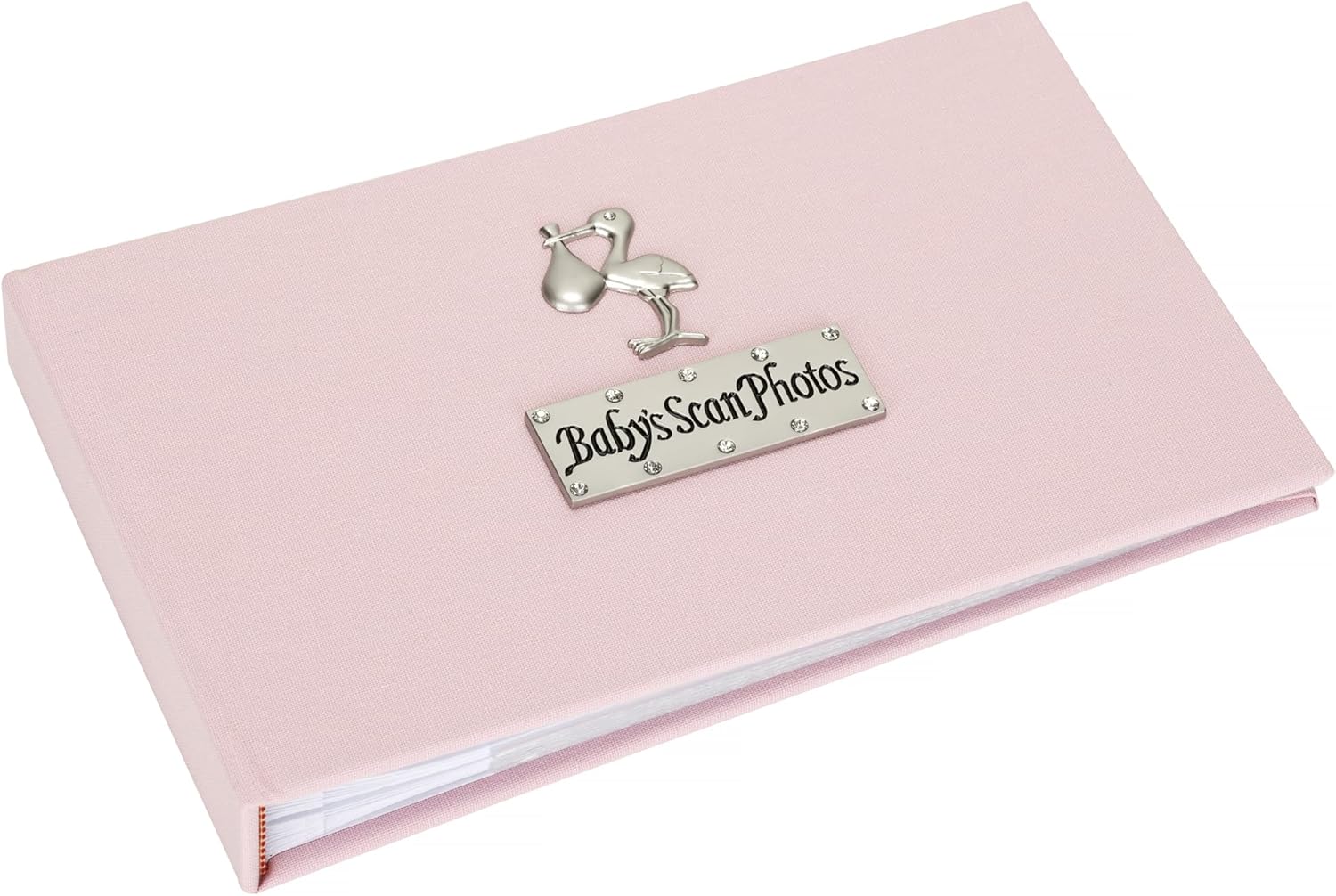 Baby's Scan soft pink photo album with a stork design