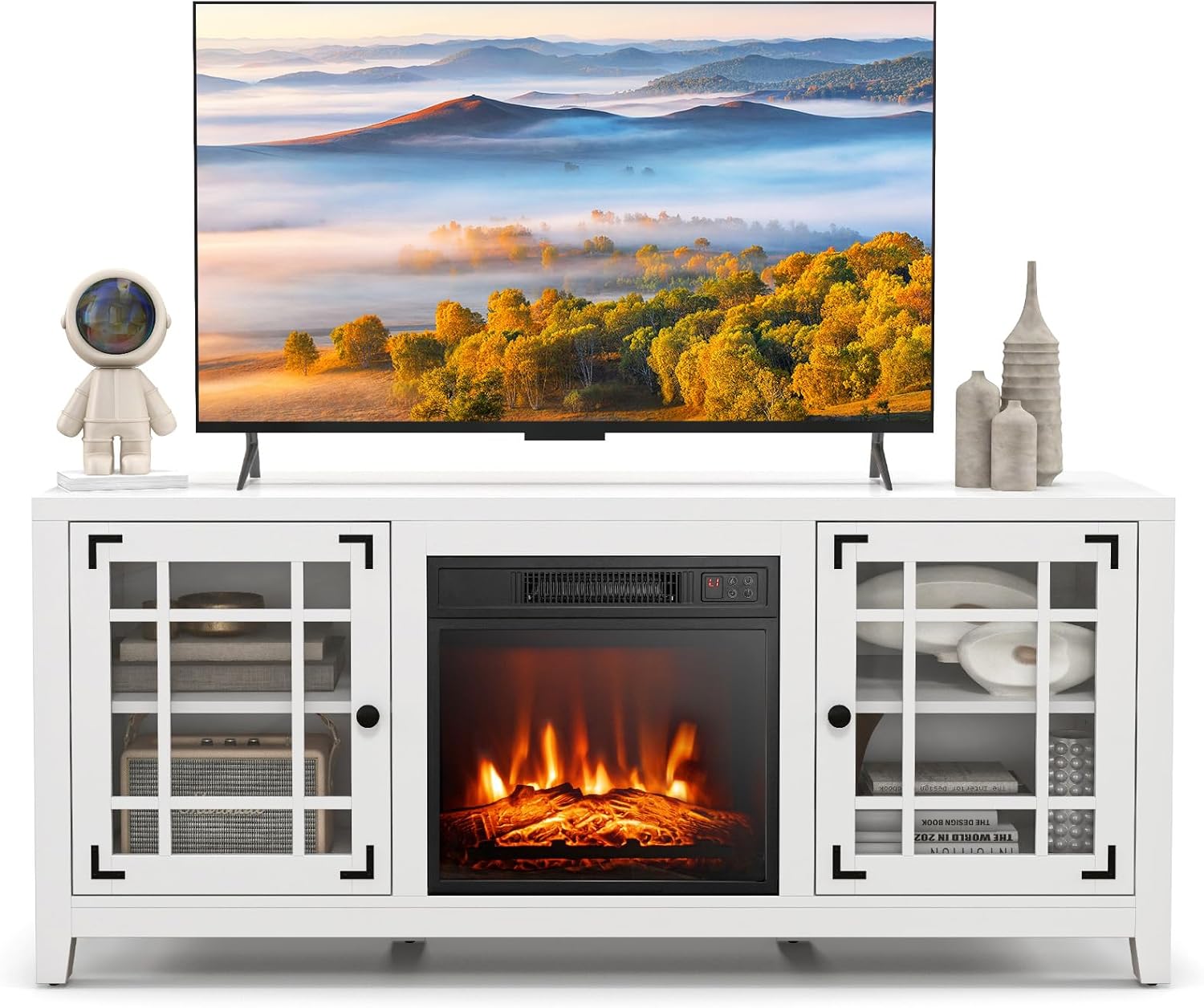COSTWAY Electric Fireplace TV Stand for TVs up to 65-inch, 18-inch Fireplace Entertainment Center with Remote Control, Thermostat, TV Console with Adjustable Shelves for Living Room Bedroom, White