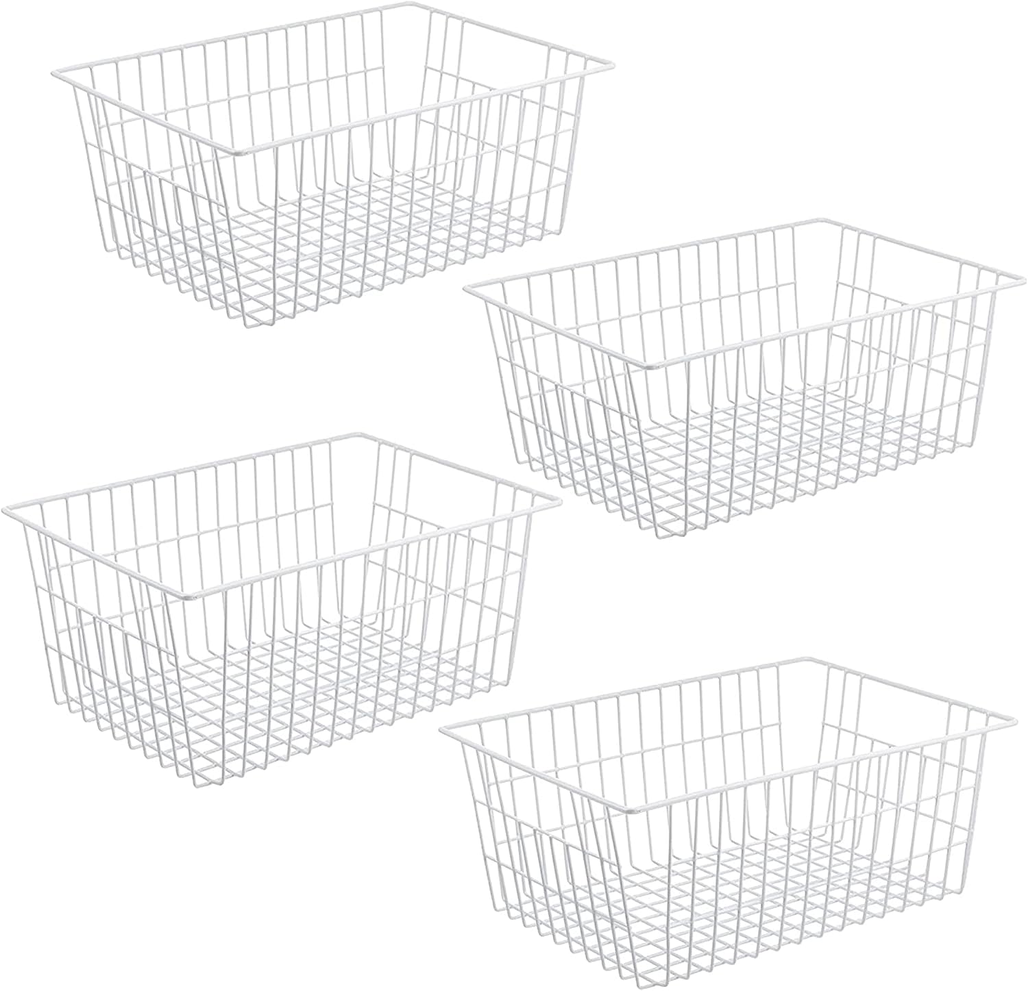 iPEGTOP Wire Storage Freezer Baskets, Set of 4 Large 15.4" Farmhouse Organizer Storage Bins Fridge Basket Rack with Handles for Kitchen Cabinets, Pantry, Office, Bathroom Organization - White