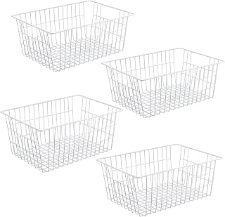 iPEGTOP Wire Storage Freezer Baskets, Set of 4 Large 15.4" Farmhouse Organizer Storage Bins Fridge Basket Rack with Handles for Kitchen Cabinets, Pantry, Office, Bathroom Organization - White