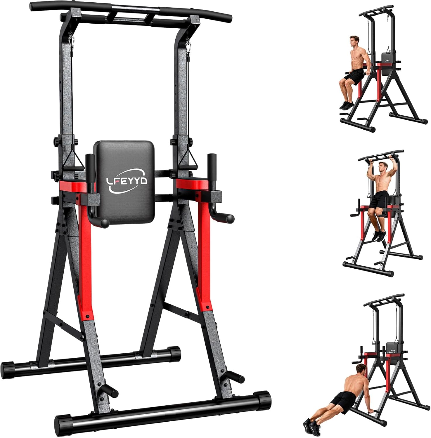 Power Tower Pull Up Bar Free Standing - 13-Level Adjustable Height Dip Station with X-Frame Stability, Multi-Grip Handles, Backrest, Anti-Slip Foot Pads - Home Gym Strength Training Equipment