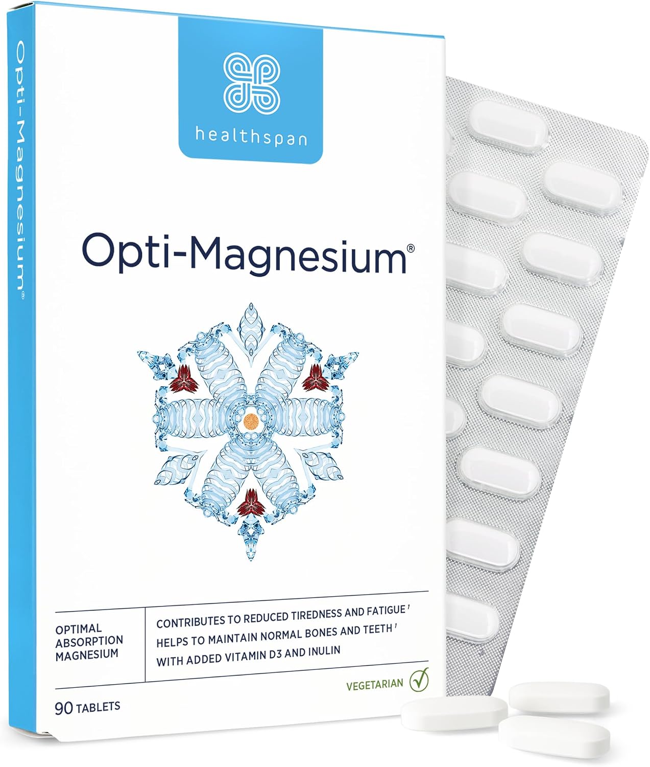 Healthspan Opti-Magnesium | 90 Tablets | for Bone & Muscle Support | Maintains Psychological Function and Nervous System | Easily Absorbed | Added Vitamin D3 | Inulin | Vegetarian