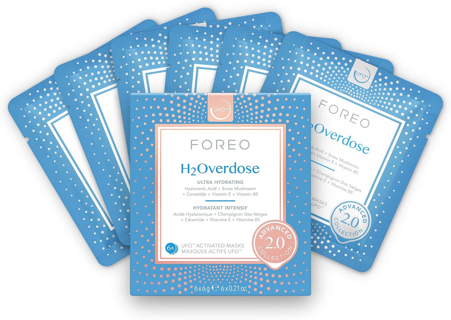 H2Overdose Advanced Collection 2.0 UFO-Activated Facial Mask, Hydrating Facial, Beauty & Personal Care, Hyaluronic Acid & Vitamin E, For All Skin Types, Dry skin & Flaky Skin, 6 Pieces in pack