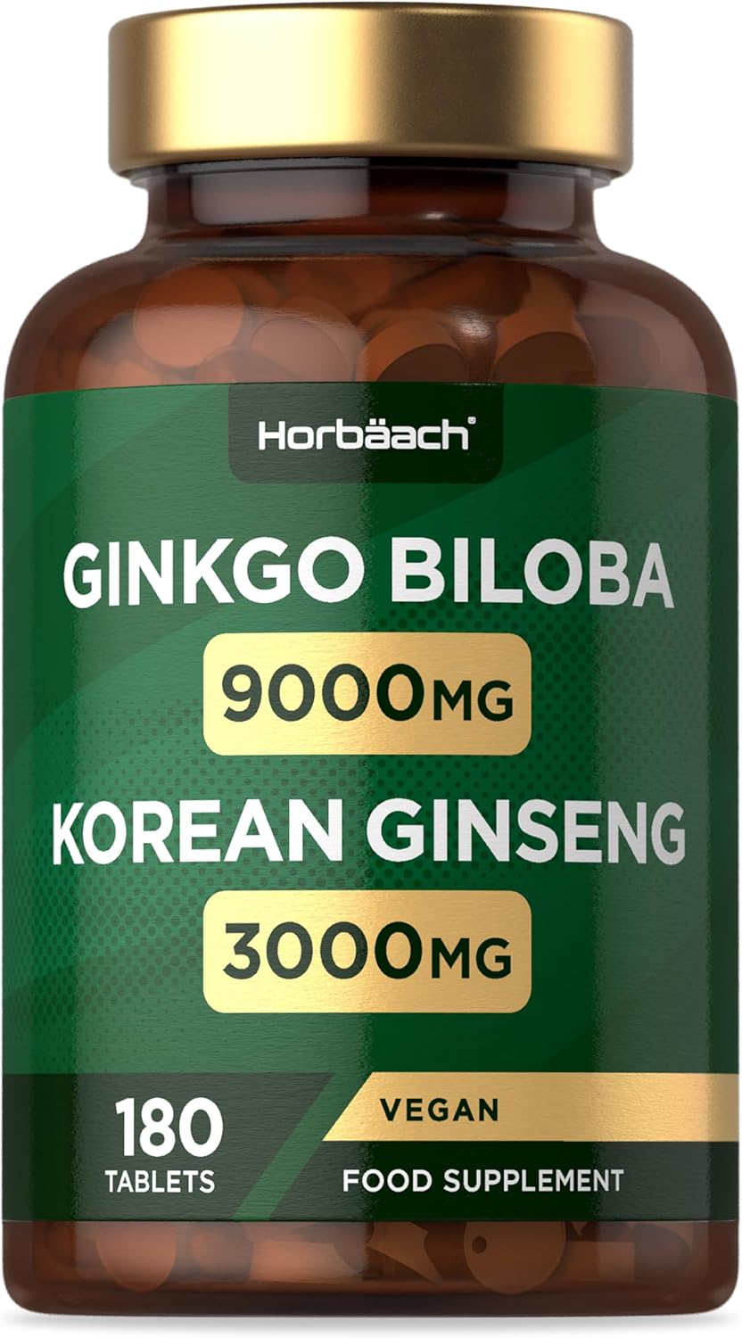 Ginkgo Biloba and Korean Ginseng Tablets | High Strength | Ginkgo 9000mg & Ginseng Root 3000mg | 180 Vegan Tablets | by Horbaach