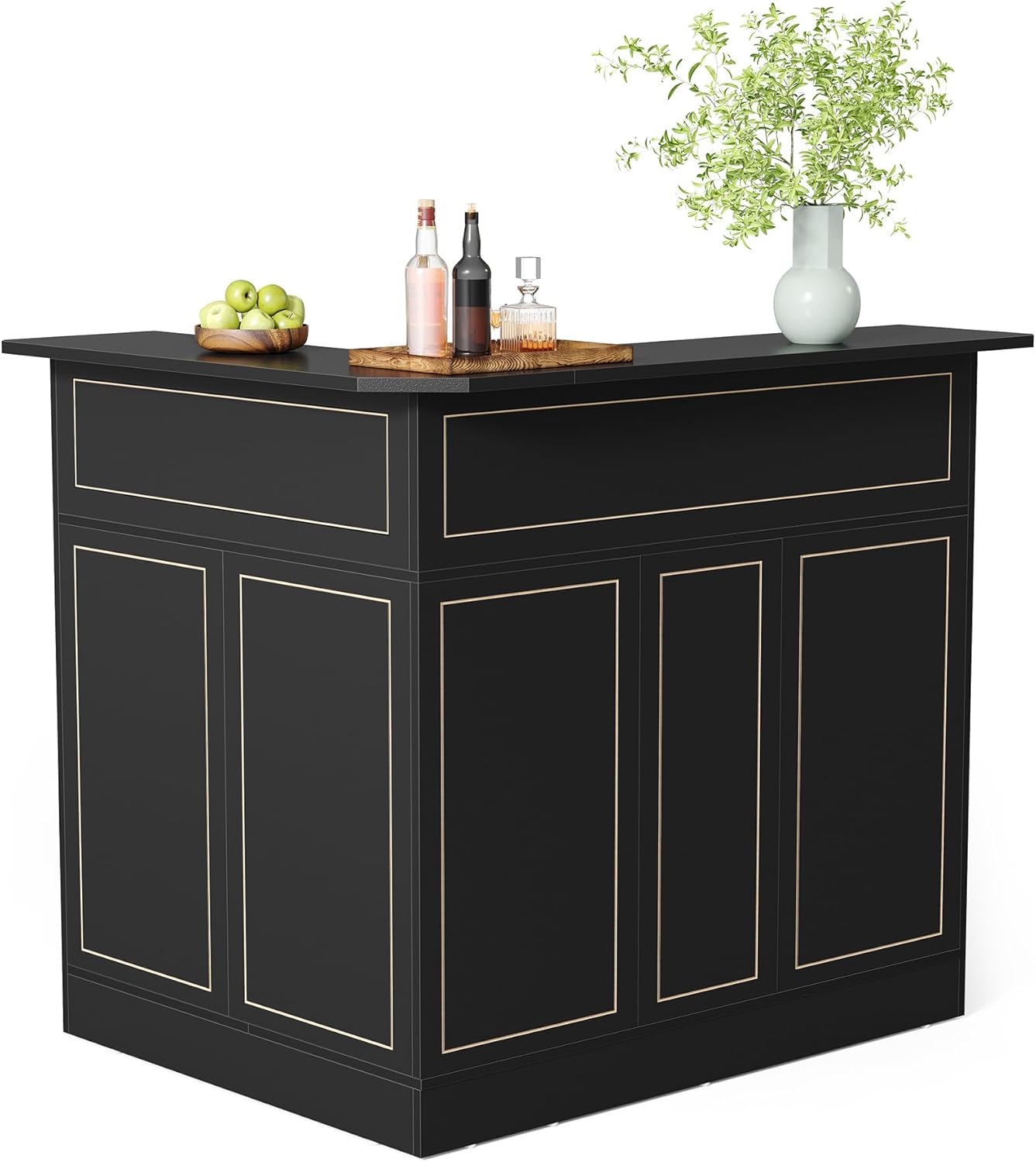 LITTLE TREE Black Bar Cabinet, 4-Tier Home Mini Bar Cabinet with Stemware Rack, Freestanding Wooden Storage Cabinet, Modern L-Shaped Liquor Table Cabinet for Living Room, Dining Room