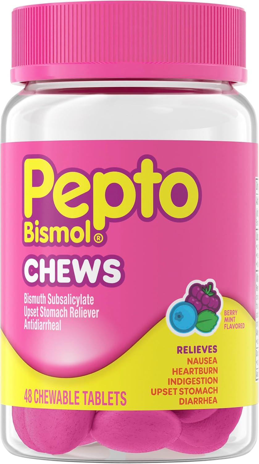 Pepto Bismol Berry Mint Chews, Upset Stomach Relief, Nausea Relief, Heartburn Relief, Indigestion Relief, Anti Diarrhea Medication for Adults - 5 Symptom Fast Relief, 48 Chewable Tablets