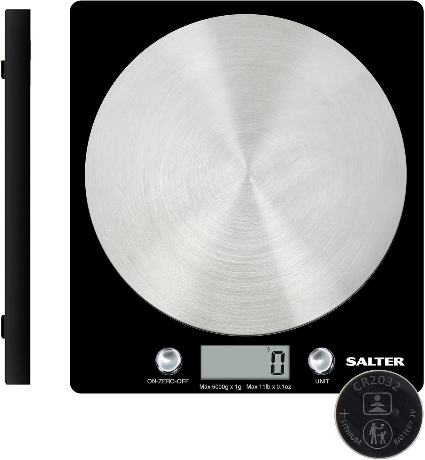 Salter 1036 BKSSDR Digital Kitchen Scale – Cooking & Baking Scales for Food Weight, Stainless Steel Weighing Platform, 5KG Capacity, Tare Function, Large LCD Easy Read Display, Measure Liquids, Black
