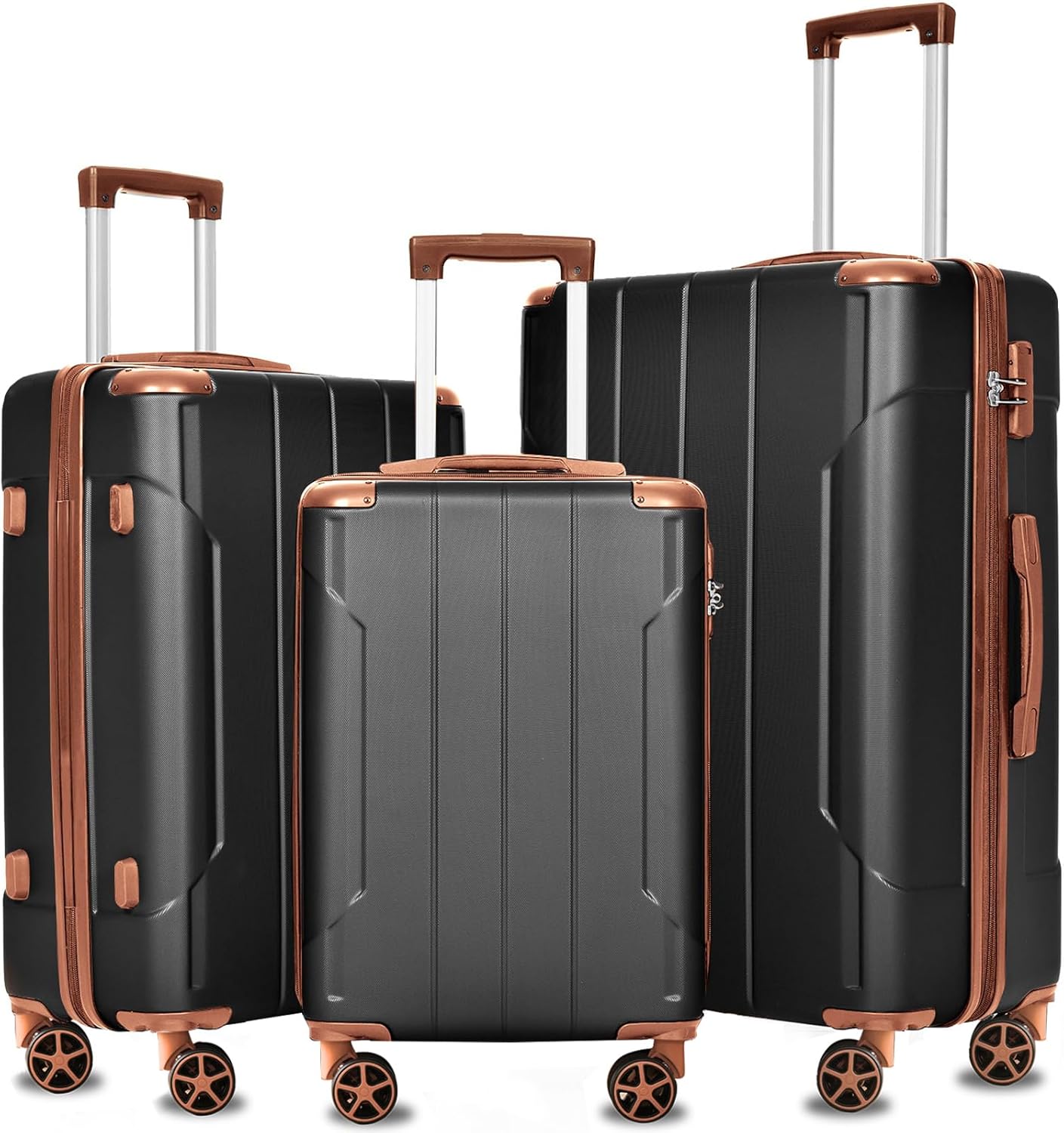 Merax Luggage Sets 3-Piece Hardshell with Spinner Wheels Lightweight Suitcase with Corner Guards (Black brown, 20/24/28)