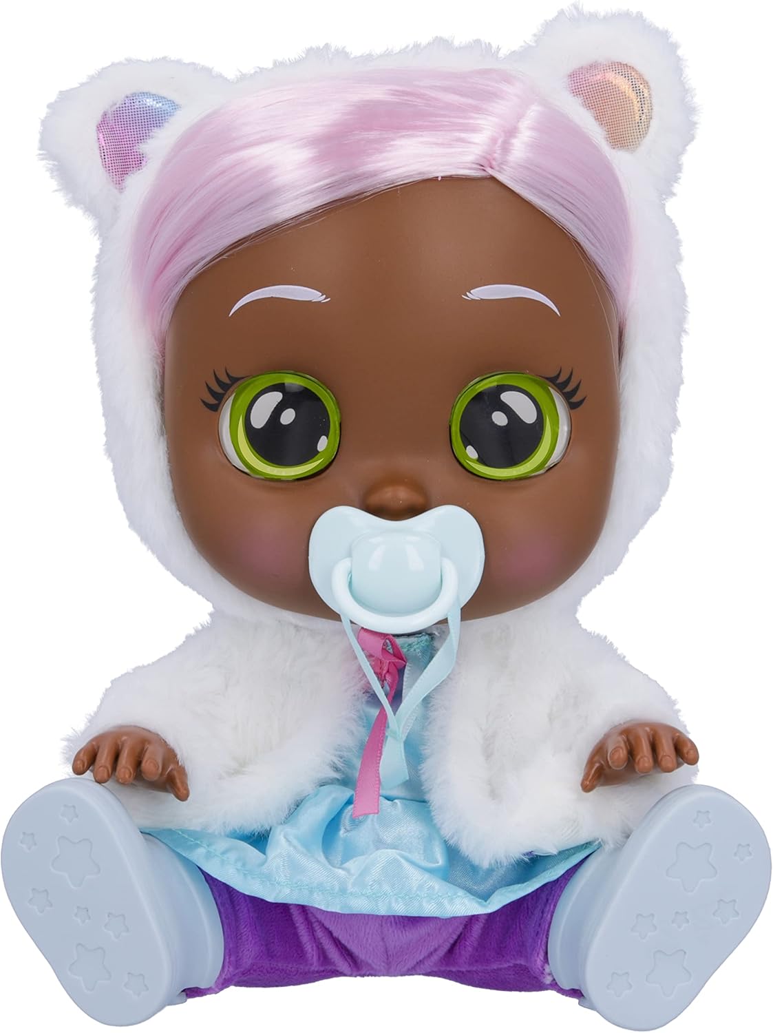 Cry Babies Dressy Pearly - 12" Baby Doll | Blue Dress, White Fluffy Jacket with Animal Ears, for Girls and Kids 18M and Up