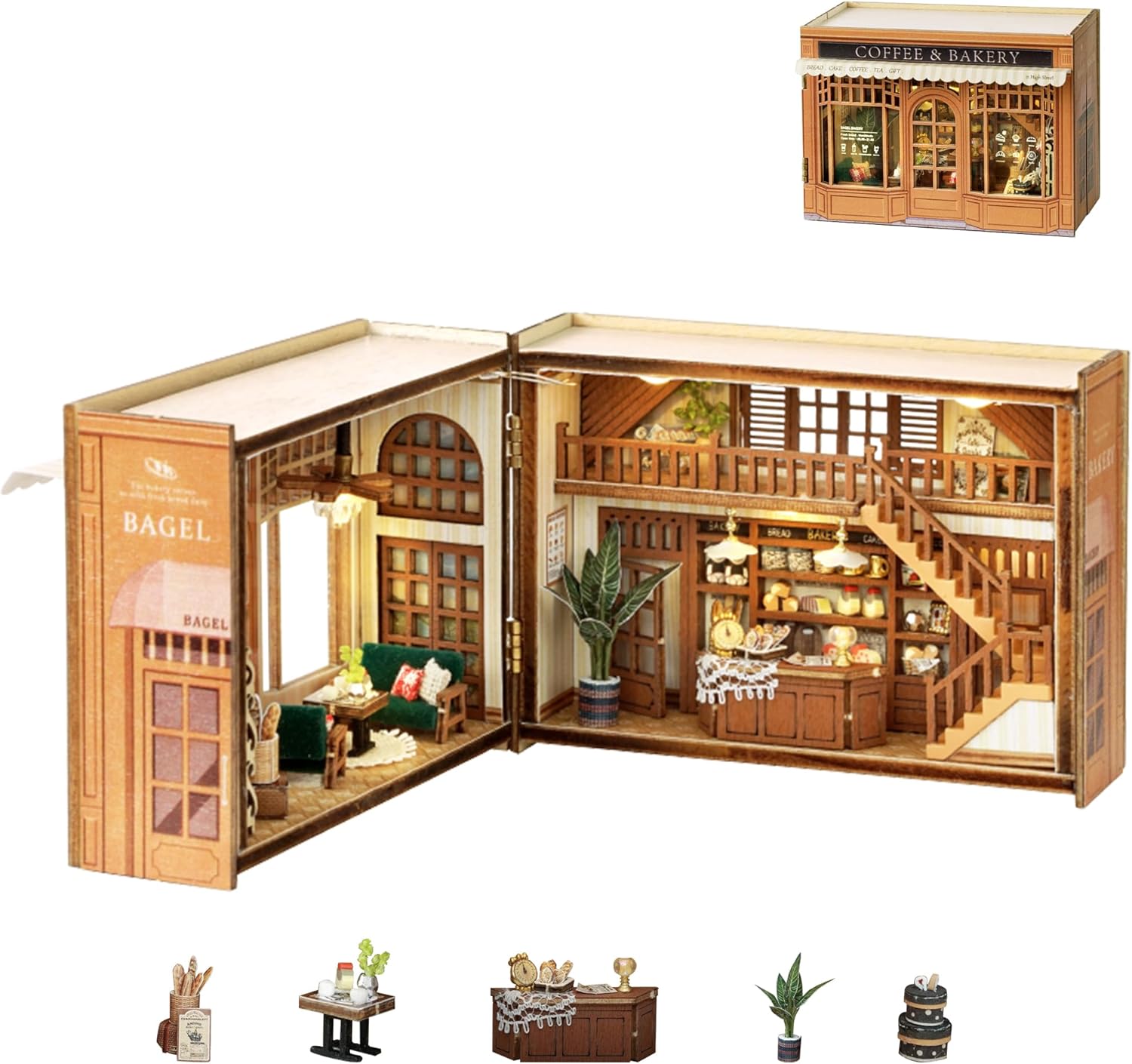 Flever Dollhouse Miniature DIY House Kit Creative Room with Furniture for Romantic Valentine's Gift (Bagel Time)