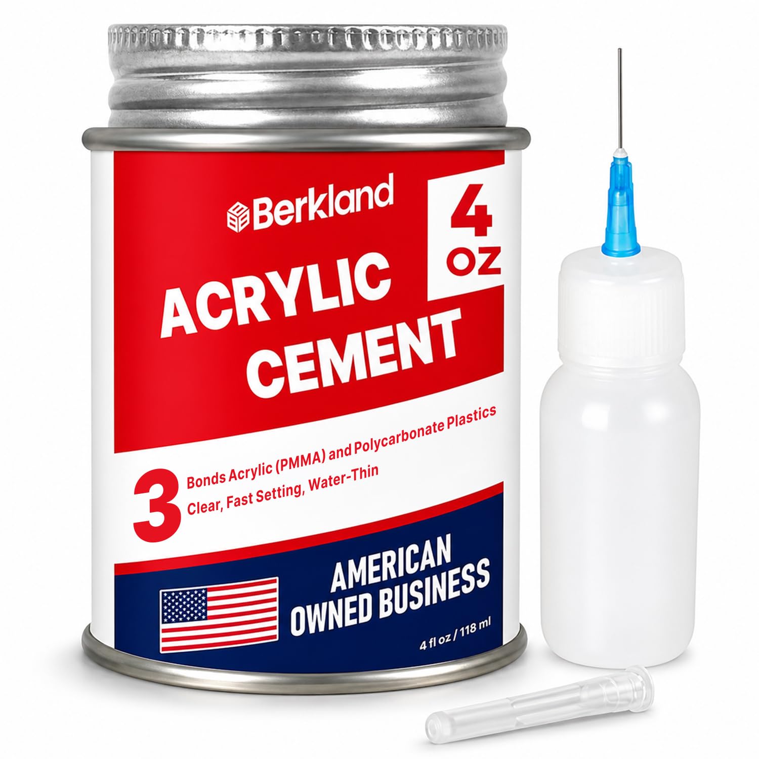 Berkland Acrylic Bonding Cement, 4 oz with Applicator Bottle | Clear fast-setting glue for plexiglass, acrylic sheets & display cases - applicator bottle for clean seams