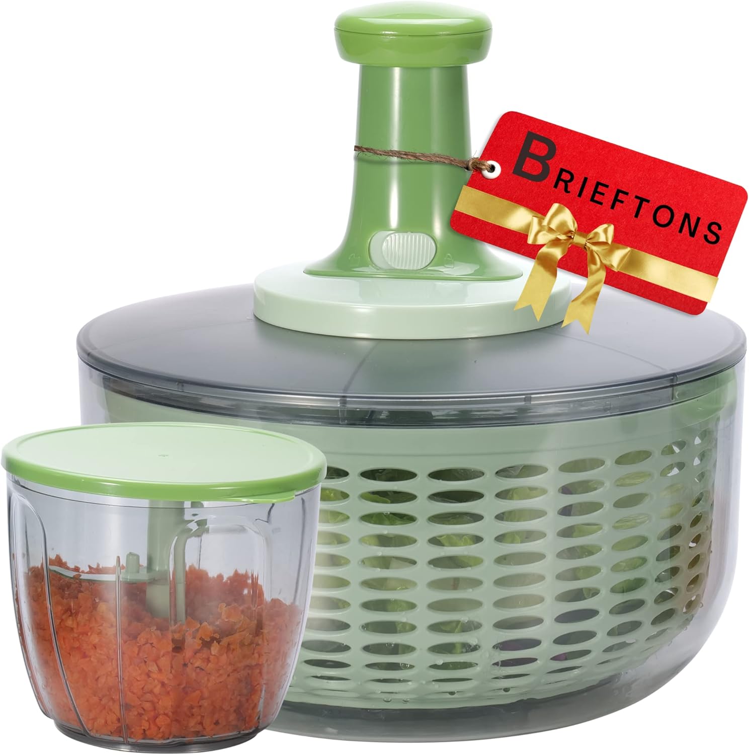 Brieftons Salad Spinner and Chopper: Large 6-Litre Lettuce Greens Vegetable Washer Dryer, with Bonus 0.9-Litre Veggie Chopper Mixer, Compact Storage, Easy Push Operation for Quick Veggie Prepping