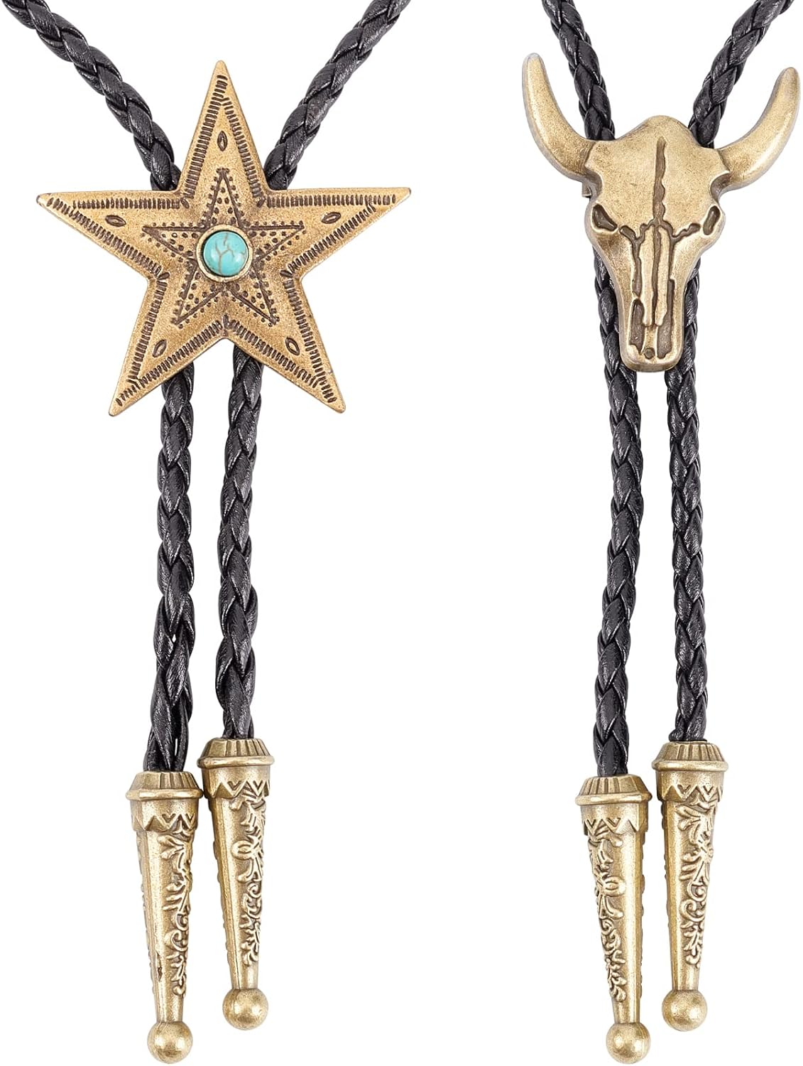 GORGECRAFT 2 Styles Leather Bolo Tie Necktie Horse Cow Skull Texas Ranger Star Chain Turquoise Western Cowboy Rope Cord Pendant Necklace Braided Jewelry for Men Rodeo Wedding Valentine's Day