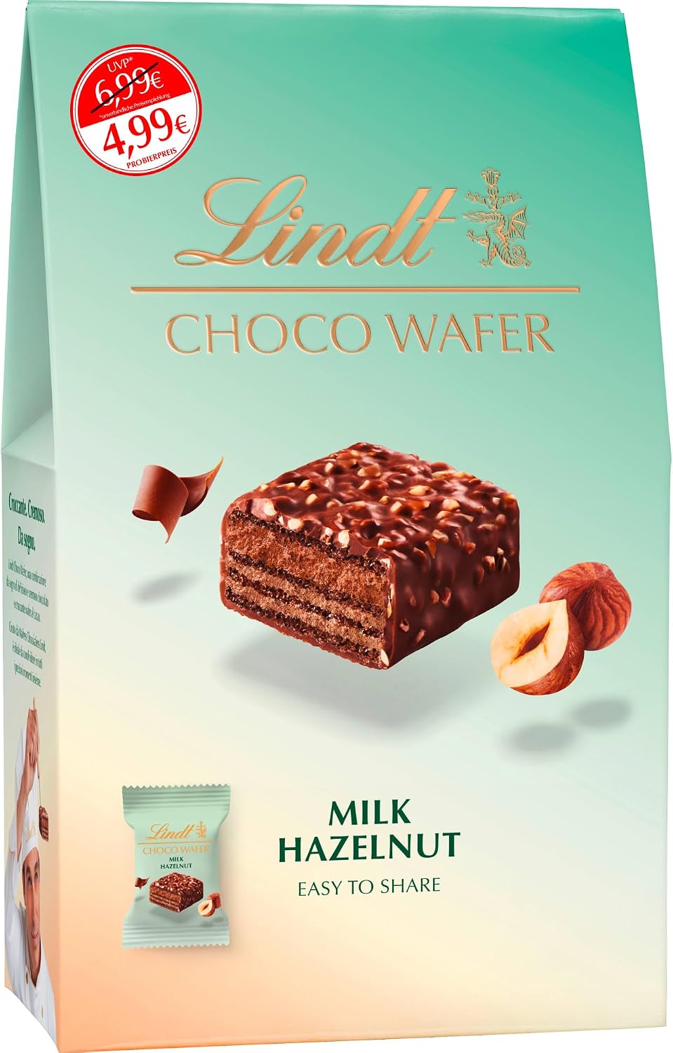 Lindt Choco Wafer Milk Chocolate & Hazelnut Box | 135g | Contains 9 Milk Chocolate & Hazelnut Choco Wafers | Gift Present or Sharing Box for Him and Her | Mother's Day, Birthday, Thank you