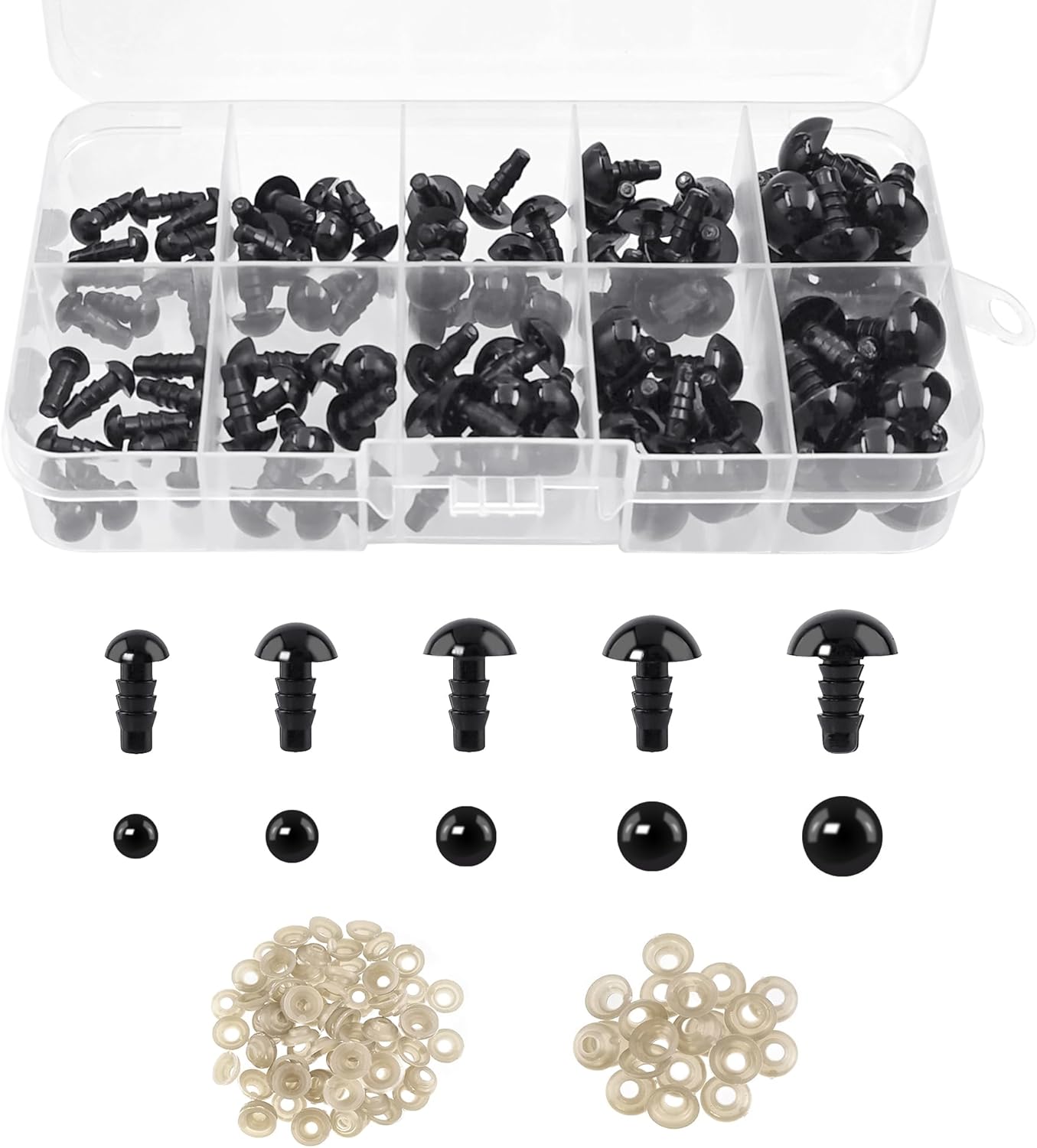 Desenda 100 PCS Safety Eyes with Washers, Black Plastic Toy Eyes for Crochet Crafts, DIY Craft Dolls, Stuffed Animals, Teddy Bears (6-12 mm)