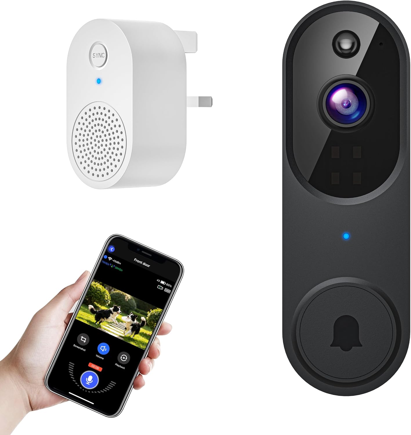 guggre Wireless Doorbell Camera, 1080p Surveillance for Security with AI Human Detection, 2-Way Audio, IR Night Vision, Cloud Storage, Real-Time Alerts, Compatible with Smartphone (Black)