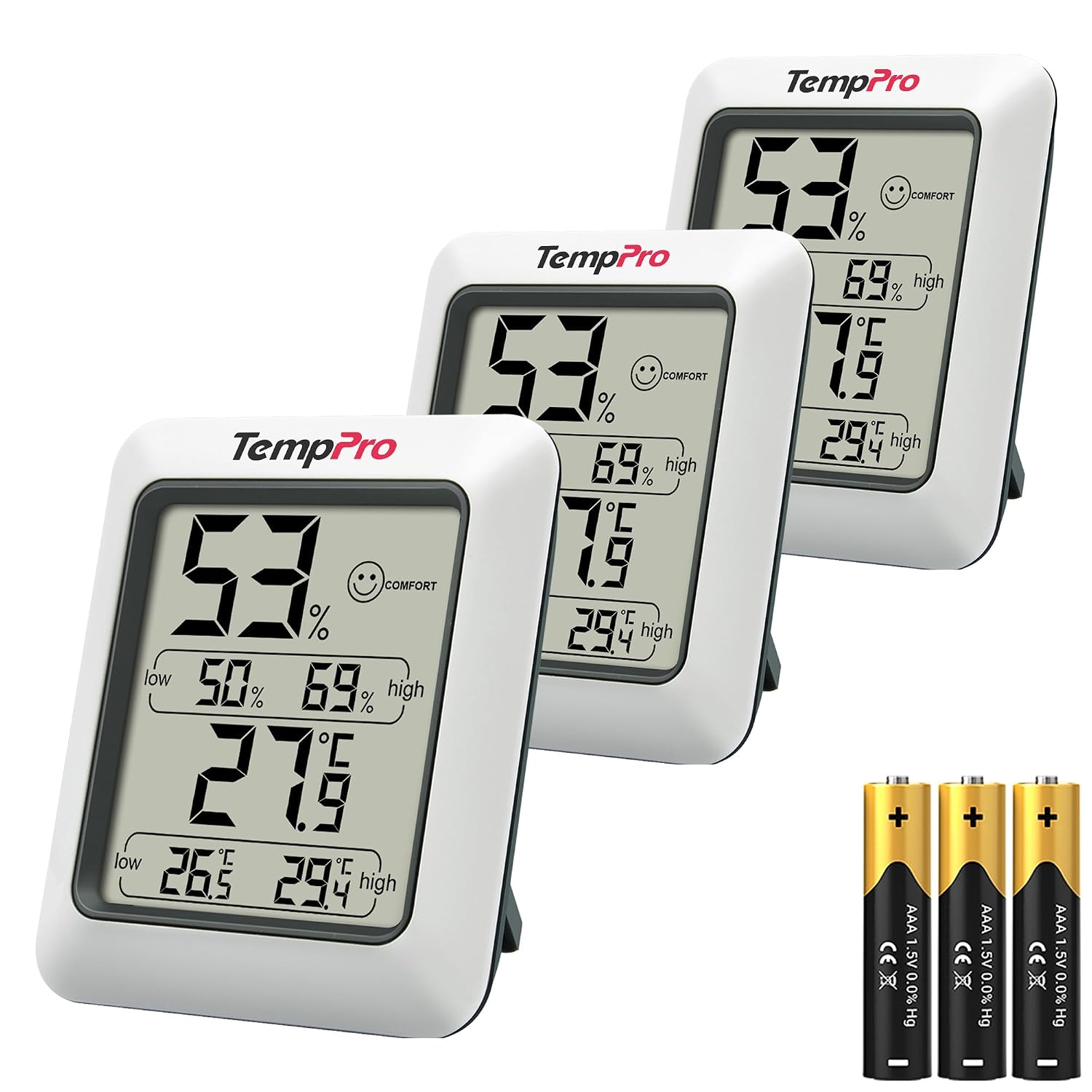 TempPro TP50 Room Thermometer, Digital Indoor Hygrometer Monitor, 3 Pieces
