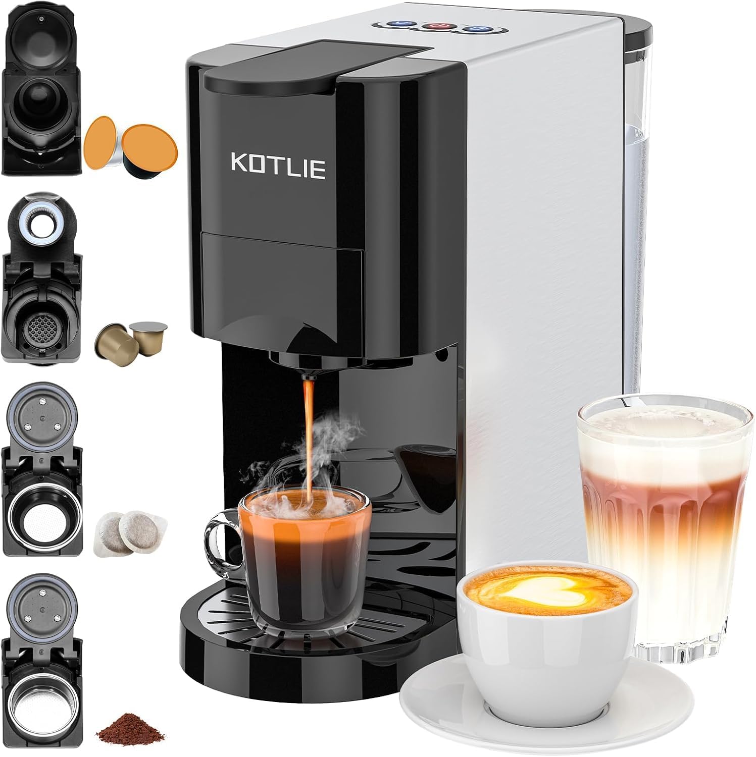 Espresso 4in1 Coffee Pods Machine for Nespresso Original/Dolce Gusto/Ground Capsule and ESE Coffee Pods,19 Bar Automatic Coffee Capsule Machine, AC-513K (BLACK)