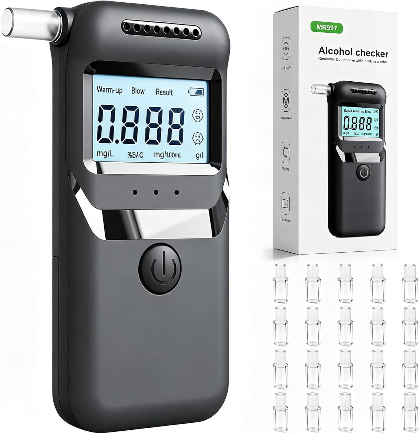 Breathalyzer UK, CE Certified High Accuracy Alcohol Tester with 5-Second Fast Detection & LCD Display, Personal Alcohol Detector for Home & Party Use, 20 Mouthpieces
