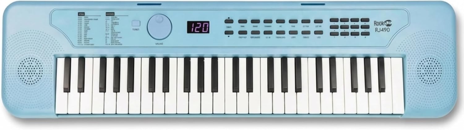 RockJam RJ490 49 Key Mini Keyboard Piano with Speakers, Baby Blue