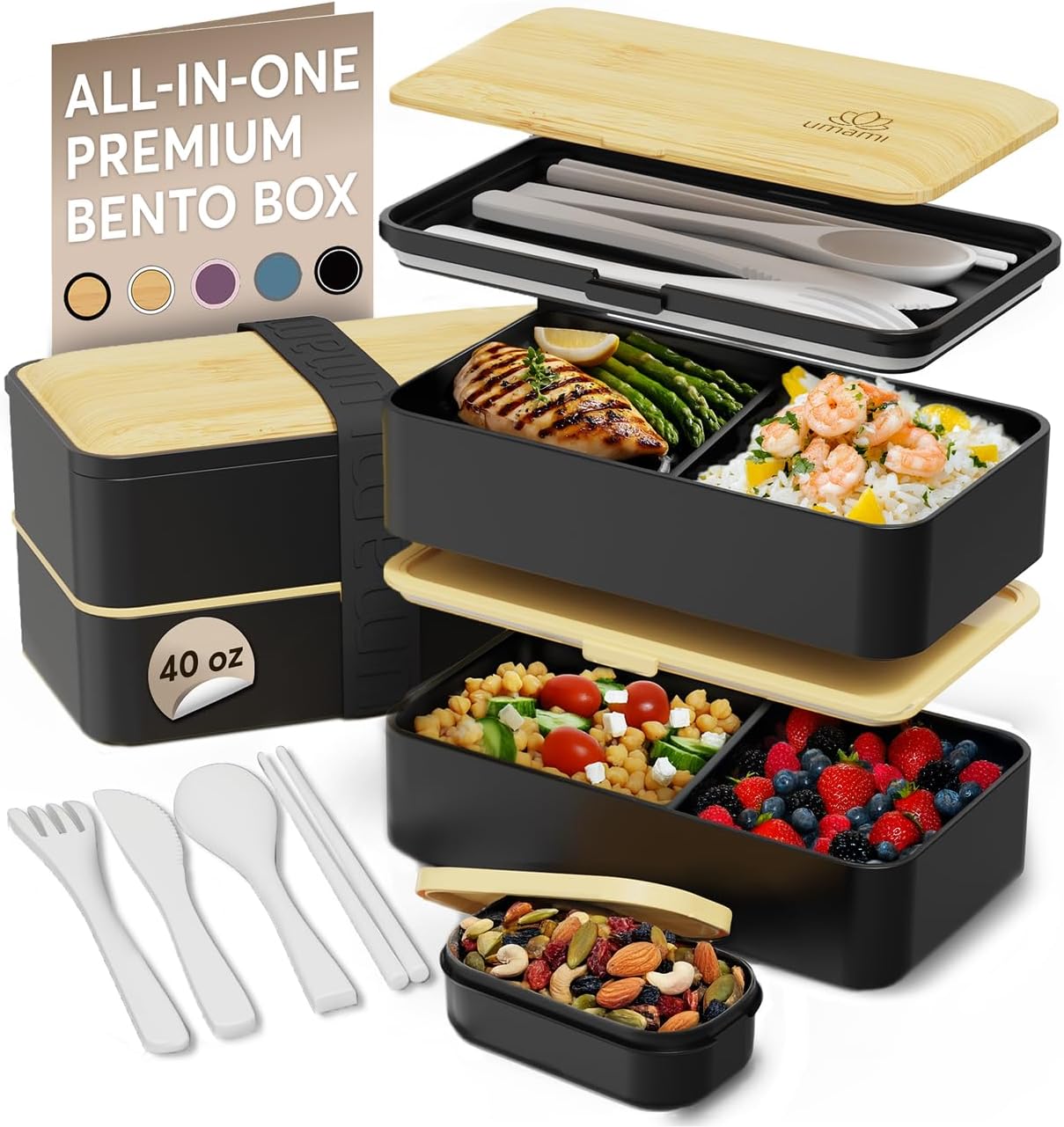 Umami Bento Box Adult All-In-1 w/4 Utensils, Big Sauce Jar, 2 Dividers, 100% Leakproof, Microwave & Dishwasher Safe, Stackable Bento Lunch Box Containers for Men/Women, Black & Bamboo, 40 oz
