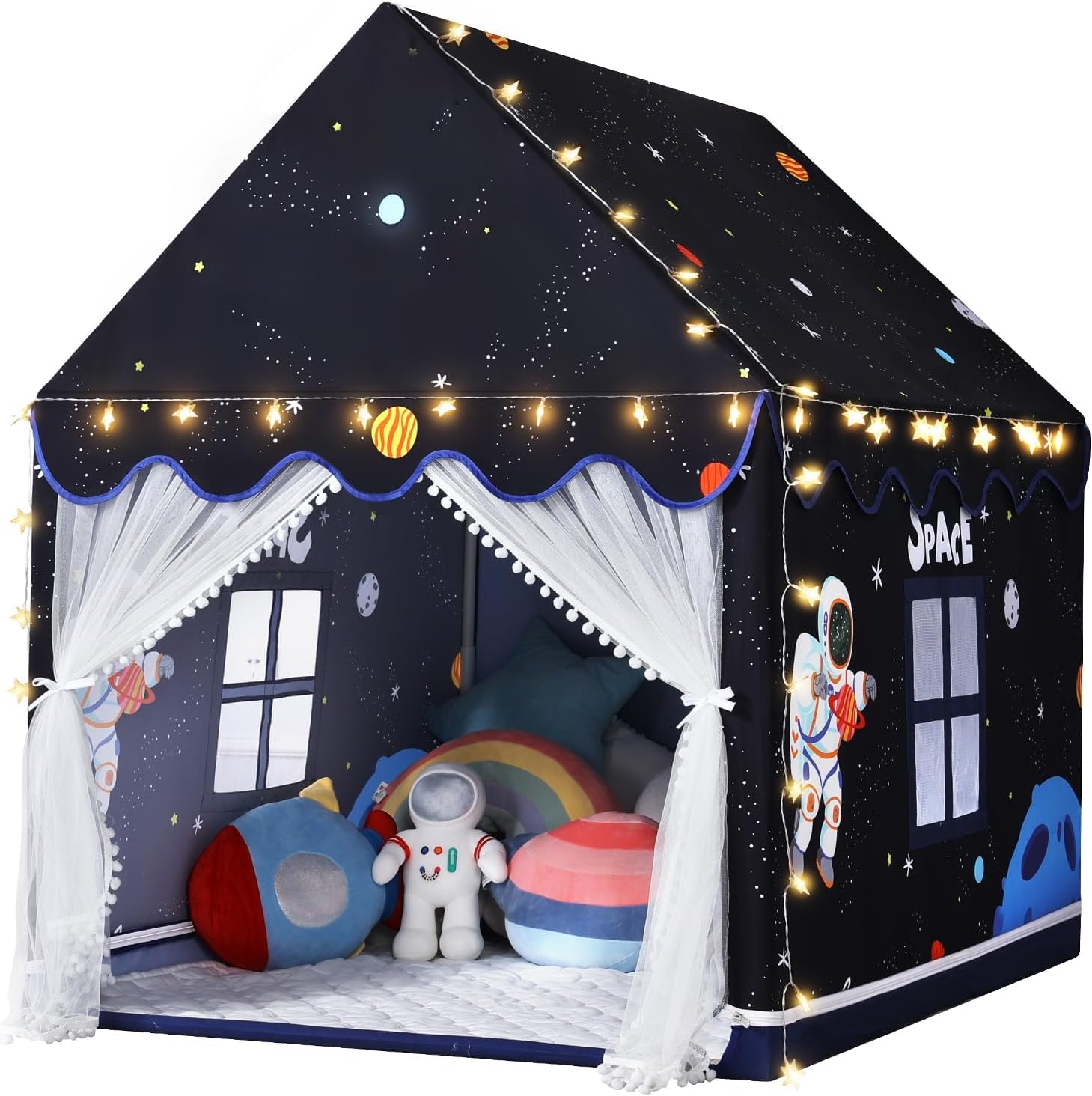 Wilwolfer Space Kids Tent Indoor: with Mat, Star Lights - Kids Play Tent Space Toys - Bedroom Decorations Astronaut Rocket Ship (Black)