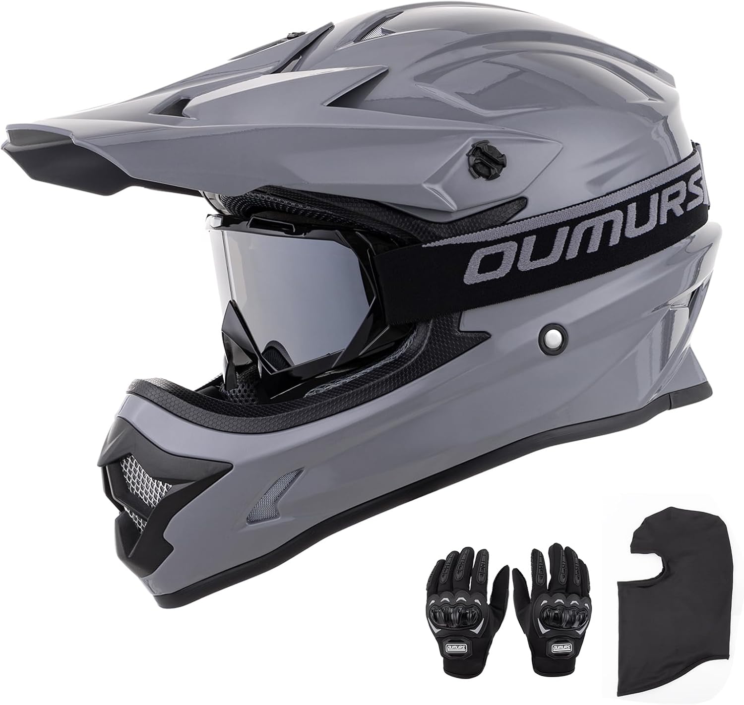 OUMURS Adult ATV Dirt Bike Helmet with Goggles Gloves & Mask Adjustable Sun Visor Motorcycle Adult Helmet Off-Road Motocross Downhill Moped MX for Unisex-Adult-Gray, L