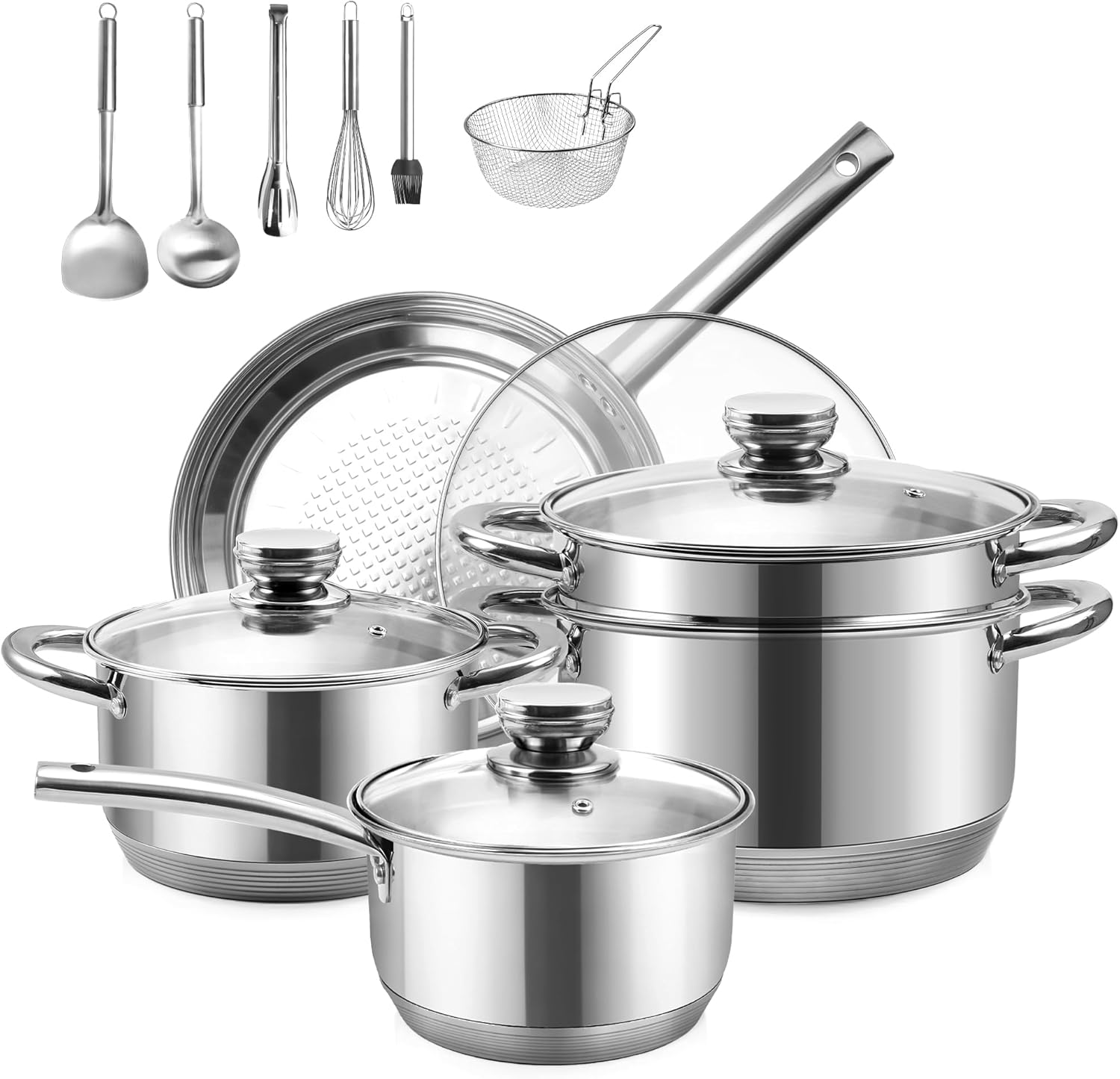 Stainless Steel Pots and Pans Set, 15-Piece Induction Cookware Set, Kitchen Cooking Pot and Pan Set, Non Toxic, Dishwasher & Oven Safe, Compatible with All Stovetops - Gas, Electric, Induction