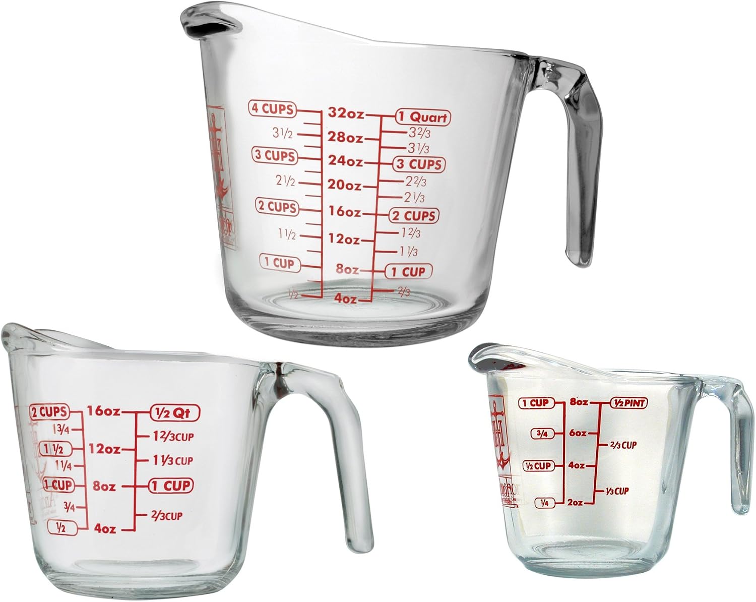 Anchor Hocking Glass Measuring Cups, 3 Piece Set (1 Cup, 2 Cup, 4 Cup liquid measuring cups)