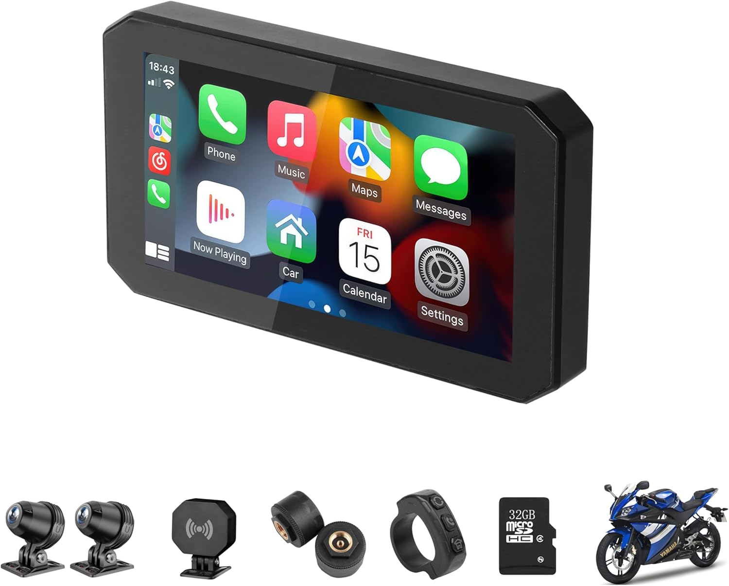 Motorcycle CarPlay Screen with 1080P Front and Rear Dash Cam,5.5" Wireless CarPlay & Android Auto GPS Navigation Touchscreen for Motorbike with BSD Radar Monitor,TPMS,IP67 Waterproof,Siri/Google