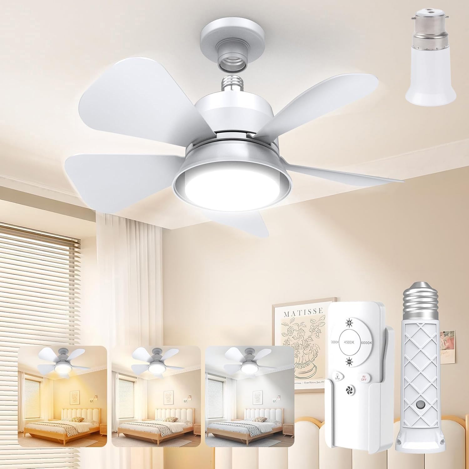 Ceiling Fan with Lights and Remote Control, E27 B22d Base, Small LED Ceiling Fan Lamp, 3 Fan Speeds, 3 Colors Dimmable, for Bedroom, Kitchen, Living Room, Pack of 1