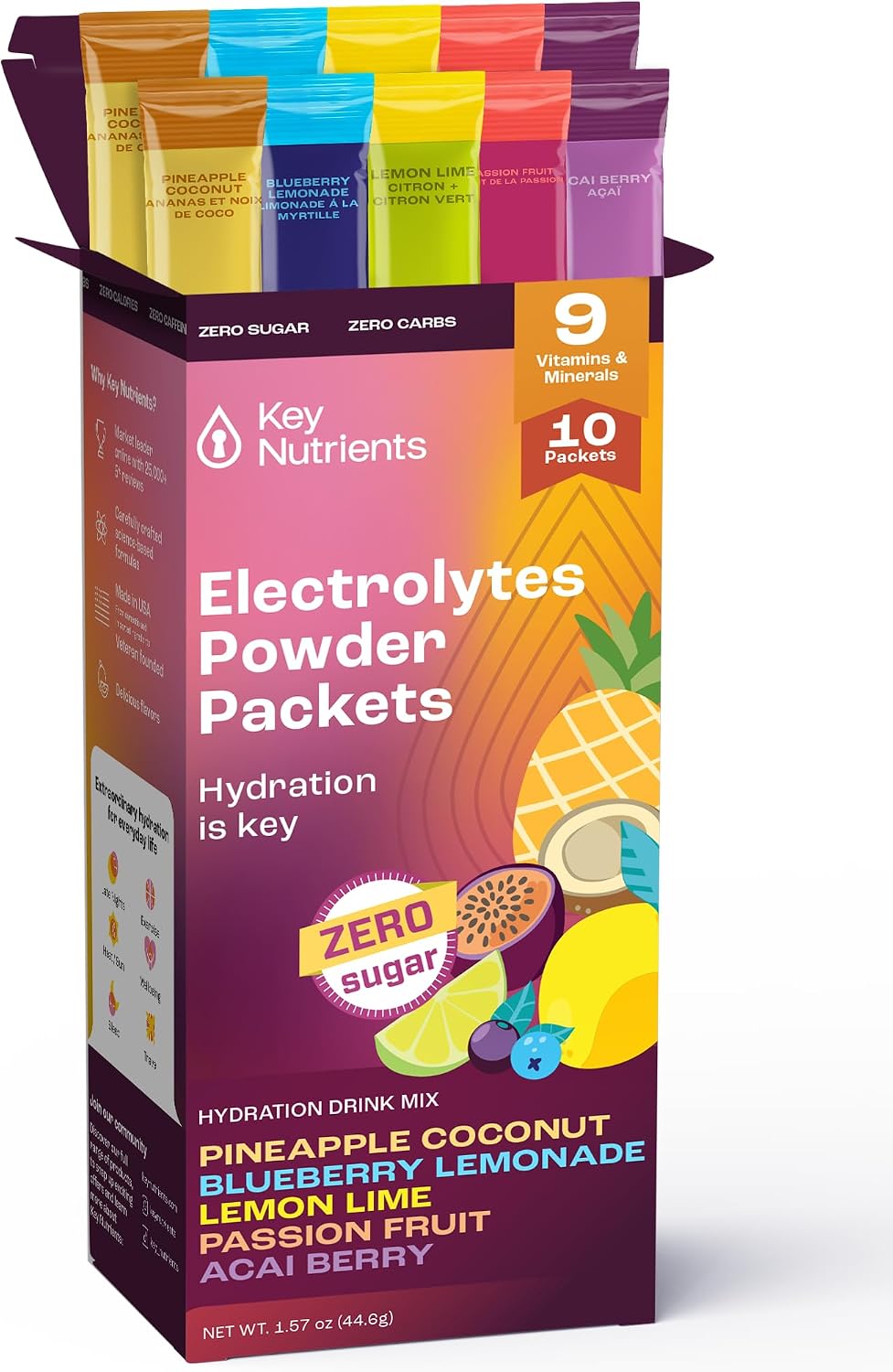 KEY NUTRIENTS Hydration Packets - 5 Delicious Flavors in Electrolytes Powder Packets No Sugar 10 Pack - No Calories, Gluten Free Electrolytes Powder Packets, Non GMO, Made in USA