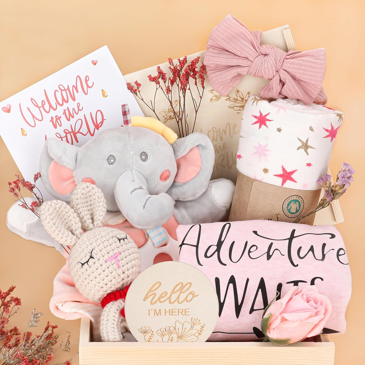 New Born Baby Girls Gift,Baby Shower Gifts for Girls,Baby Girl Gift Basket,Unique Baby Gift Essential Stuff,Gender Reveal Gifts,Rattle Swaddle Blanket Baby Girl Gifts