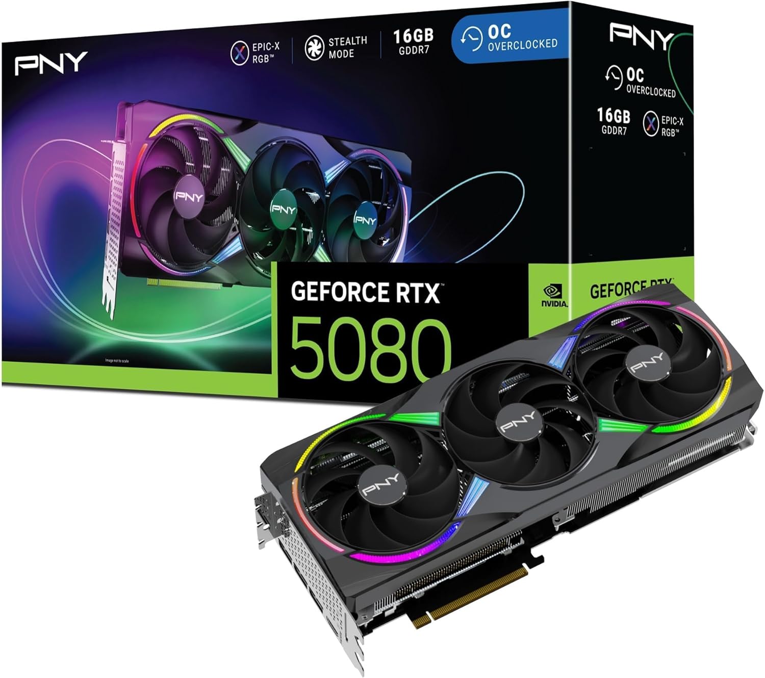 PNY NVIDIA GeForce RTX™ 5080 Epic-X™ ARGB OC Triple Fan, Graphics Card (16GB GDDR7, 256-bit, Boost Speed: 2775 MHz, PCIe® 5.0, HDMI®/DP 2.1, 2.99-Slot, NVIDIA Blackwell Architecture, DLSS 4)