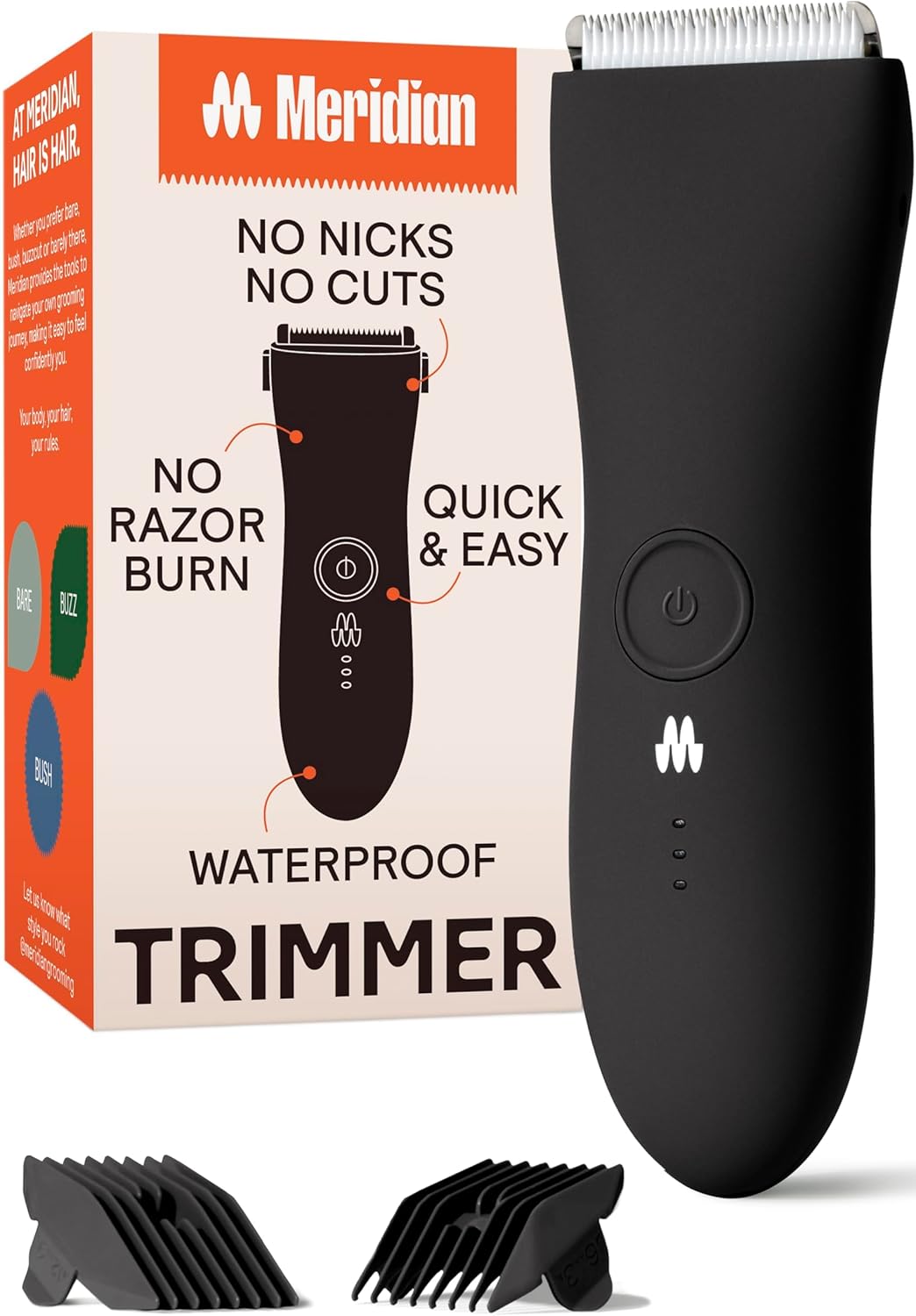 MERIDIAN The Trimmer Original - Body Hair Trimmer for Men, Electric Shaver for Pubic Hair, Chest, Legs & Bikini, Waterproof & Rechargeable, Onyx