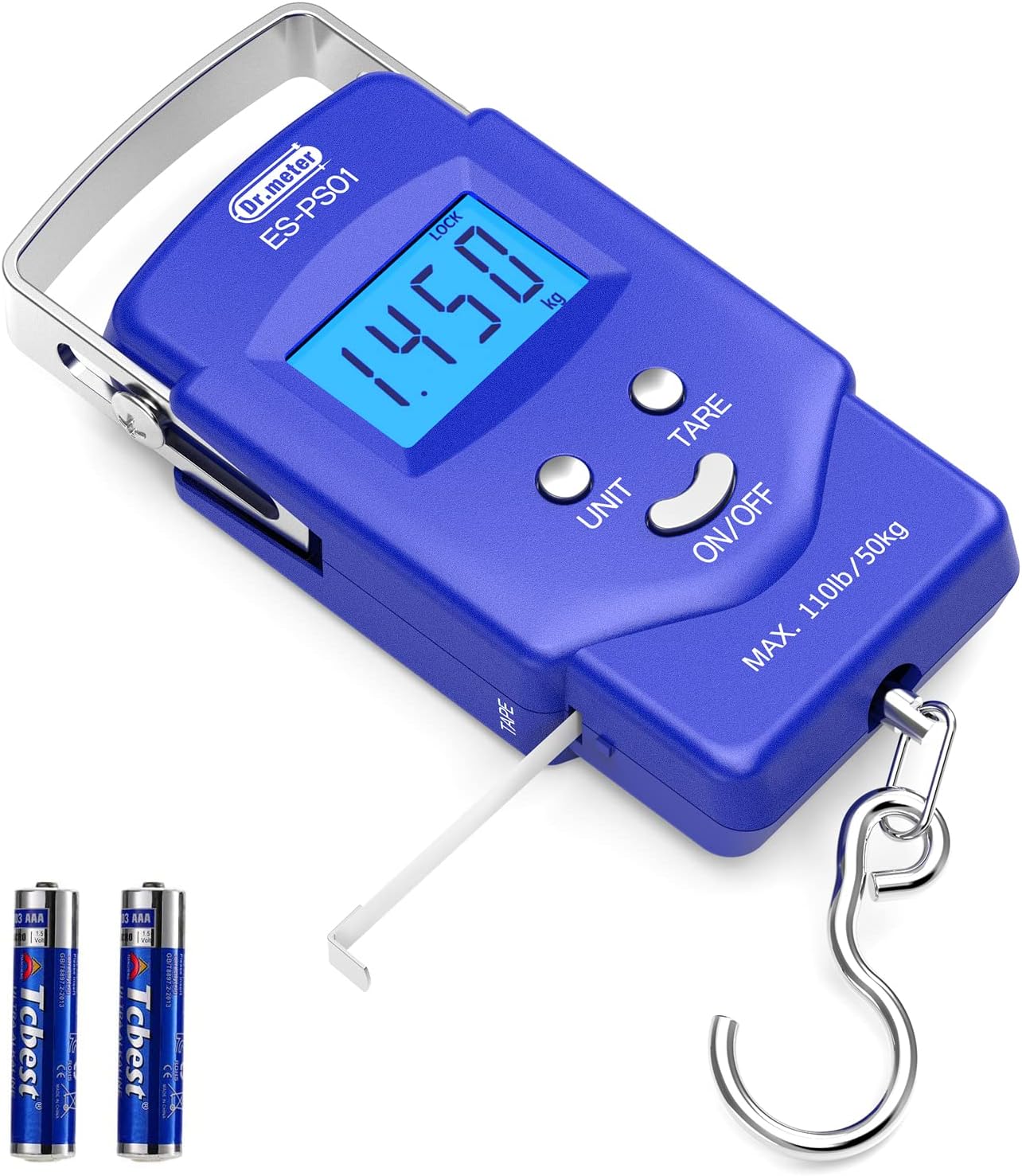 Dr.meter Fish Scale Luggage Scale - PS01 110lb/50kg Backlit LCD Display Digital Scale with Built-in Measuring Tape - Fishing Scale with 2 AAA Batteries, Pocket Size - Fishing Gifts for Men