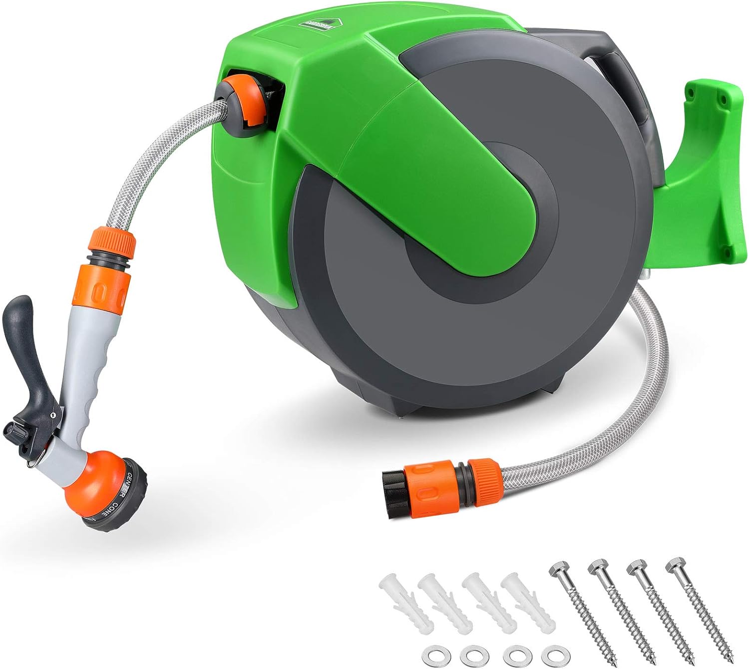Gardebruk Wall Mounted Retractable 20 Metre Garden Hose Reel | 2 Metre Connection Hose | Multifunction 7-Way Spray Head | Automatic Rewind Garden Water Reel | Re-Positionable Hose Brake | 180 Swivel