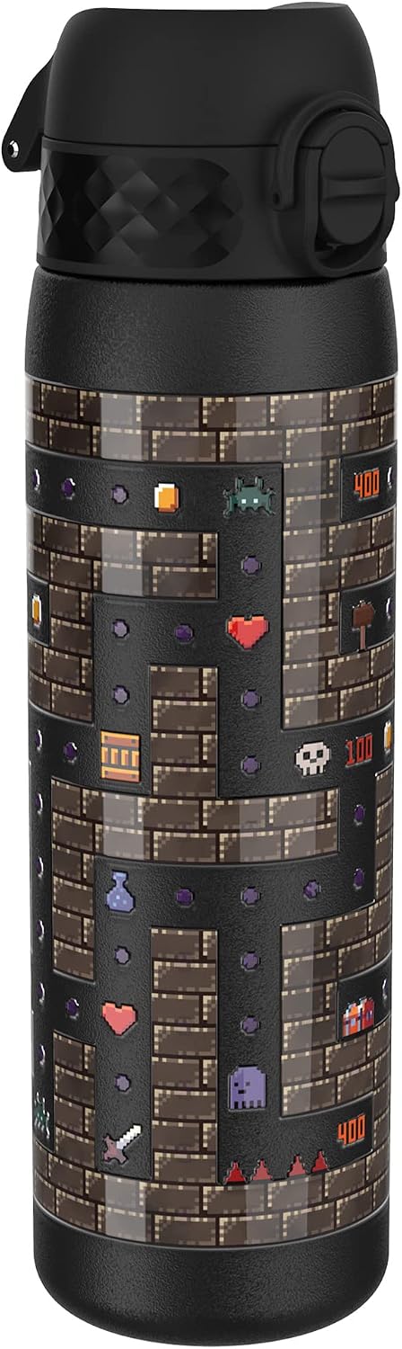ION8 Steel Water Bottle, 600 ml/20 oz, Leak Proof, Easy to Open, Secure Lock, Dishwasher Safe, Flip Cover, Fits Cup Holders, Carry Handle, Durable, Scratch Resistant, Raised Print, Gaming Design