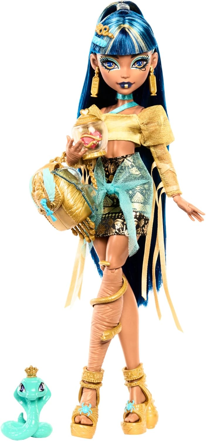 Monster High Cleo De Nile Doll in Golden Blouse & Layered Skirt, Includes Pet Cobra Hissette & Accessories Like a Backpack, Snack & Scroll