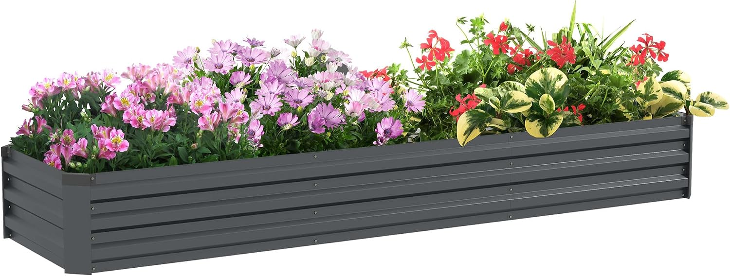Outsunny Galvanised Raised Bed for Garden, Rectangular Outdoor Elevated Planter Box with Safety Edging and Open Bottom for Growing Flowers, Herbs and Vegetables, 240 x 60 cm, Grey