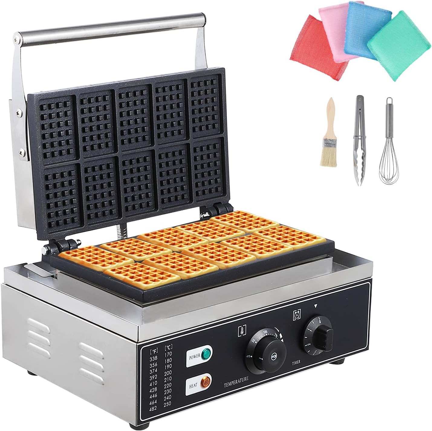 Litake Commercial Rectangle Waffle Maker -10pcs Nonstick Electric Waffle Maker Machine Stainless Steel 110V Temperature and Time Control Heart Belgian Waffle Maker Suitable for Restaurant Snack Bar